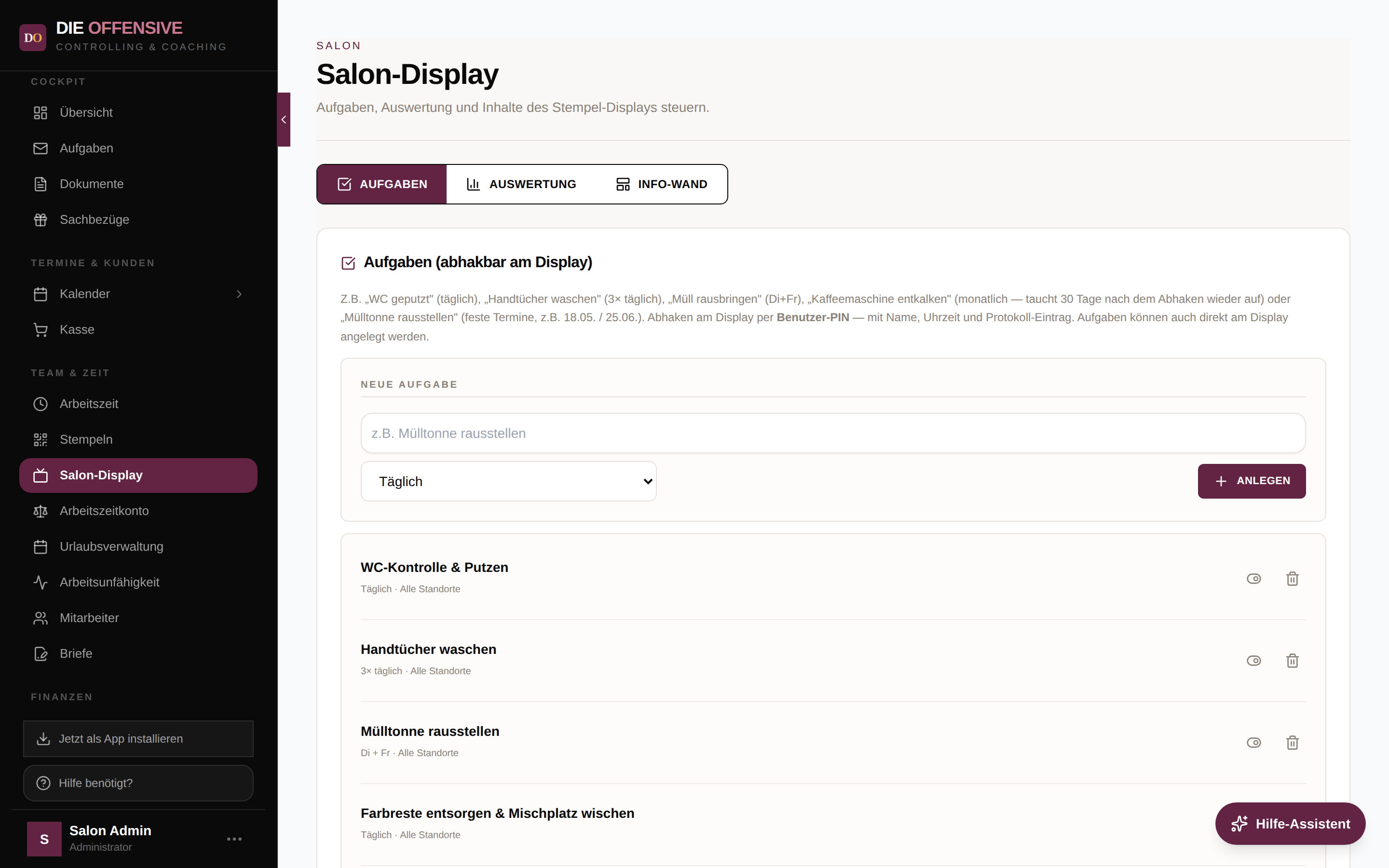 Salon-Display-Verwaltung in der App: Aufgabenliste mit Intervallen, die am Display abhakbar sind