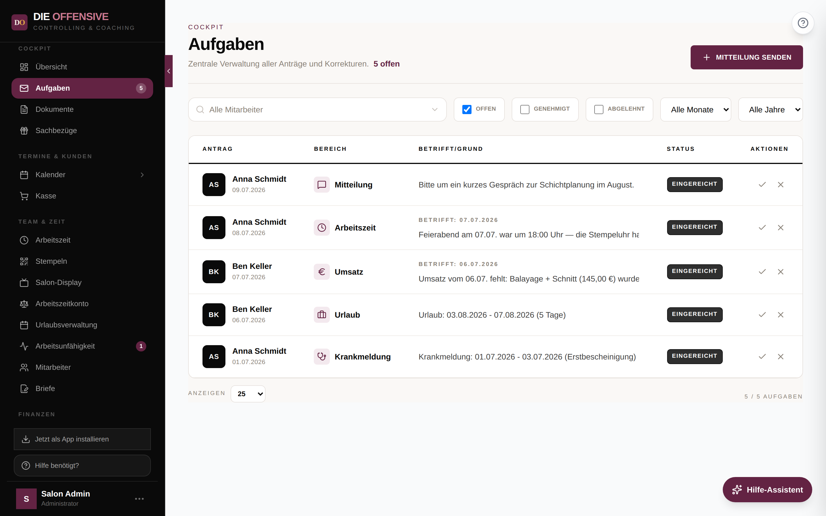 Aufgaben-Liste mit offener Mitteilung, Arbeitszeit- und Umsatzkorrektur, Urlaubsantrag und Krankmeldung