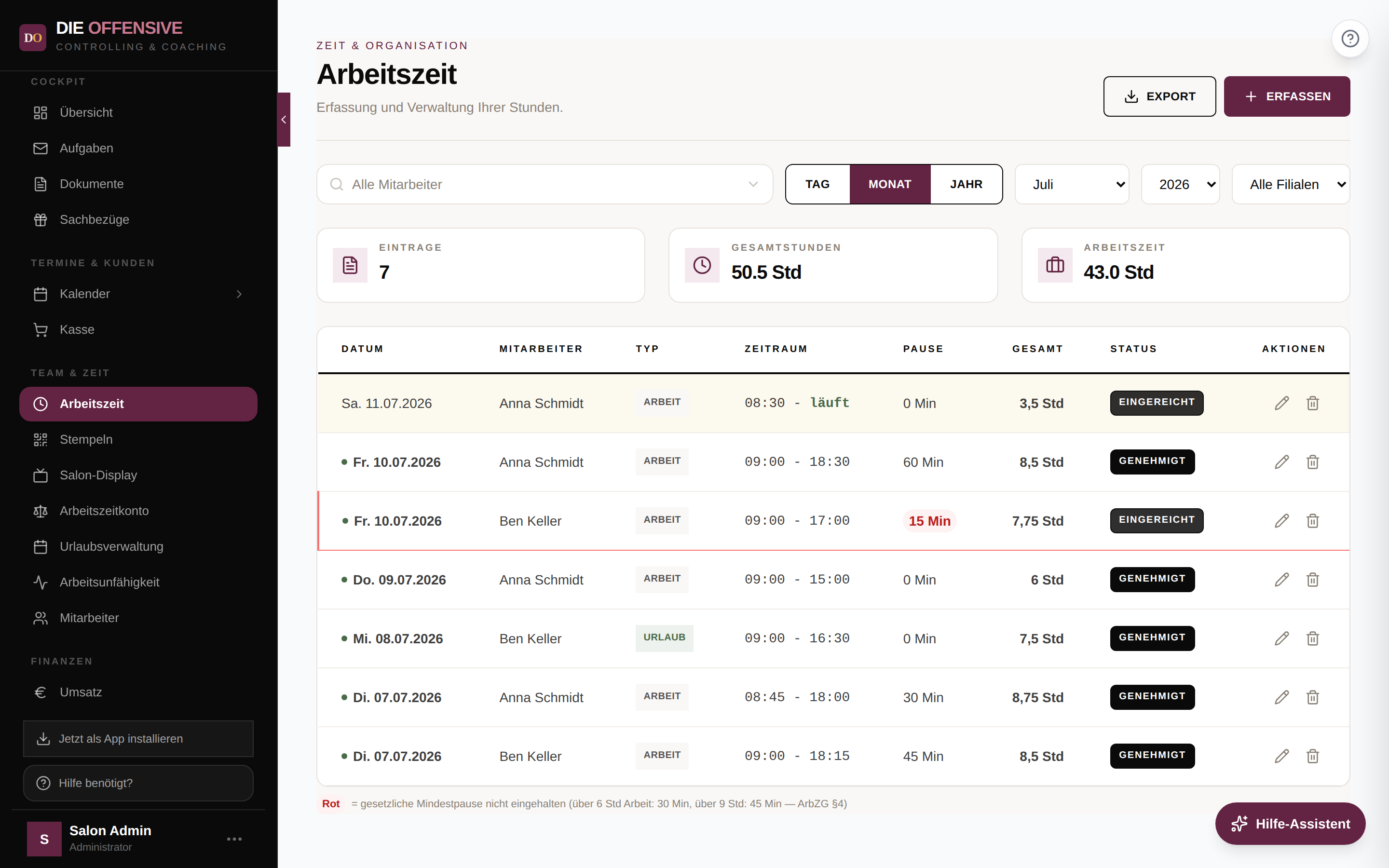 Arbeitszeit-Ansicht mit Kennzahlen-Karten, Filterleiste und Eintragstabelle