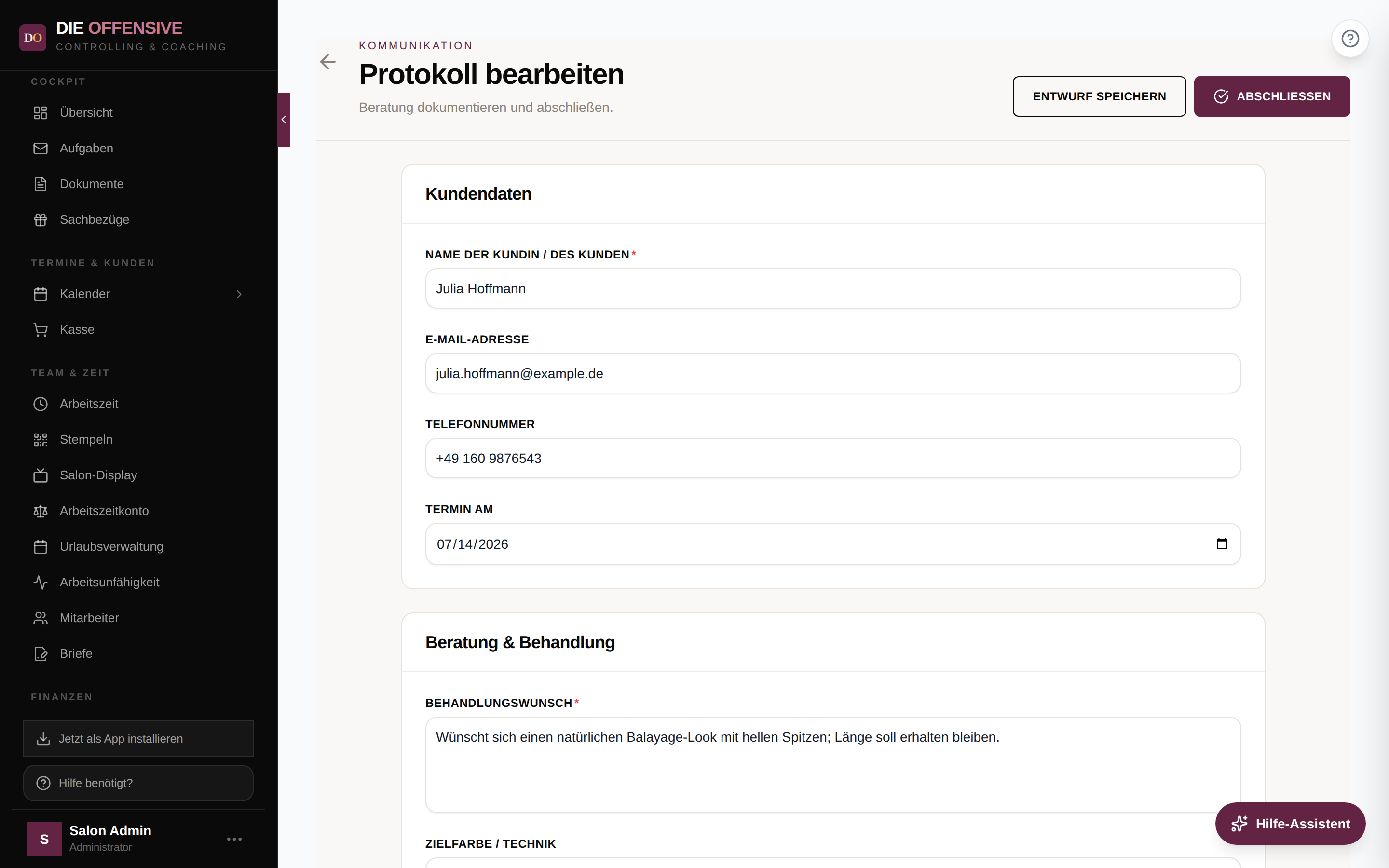 Protokoll-Editor mit Kundendaten und Behandlungsfeldern