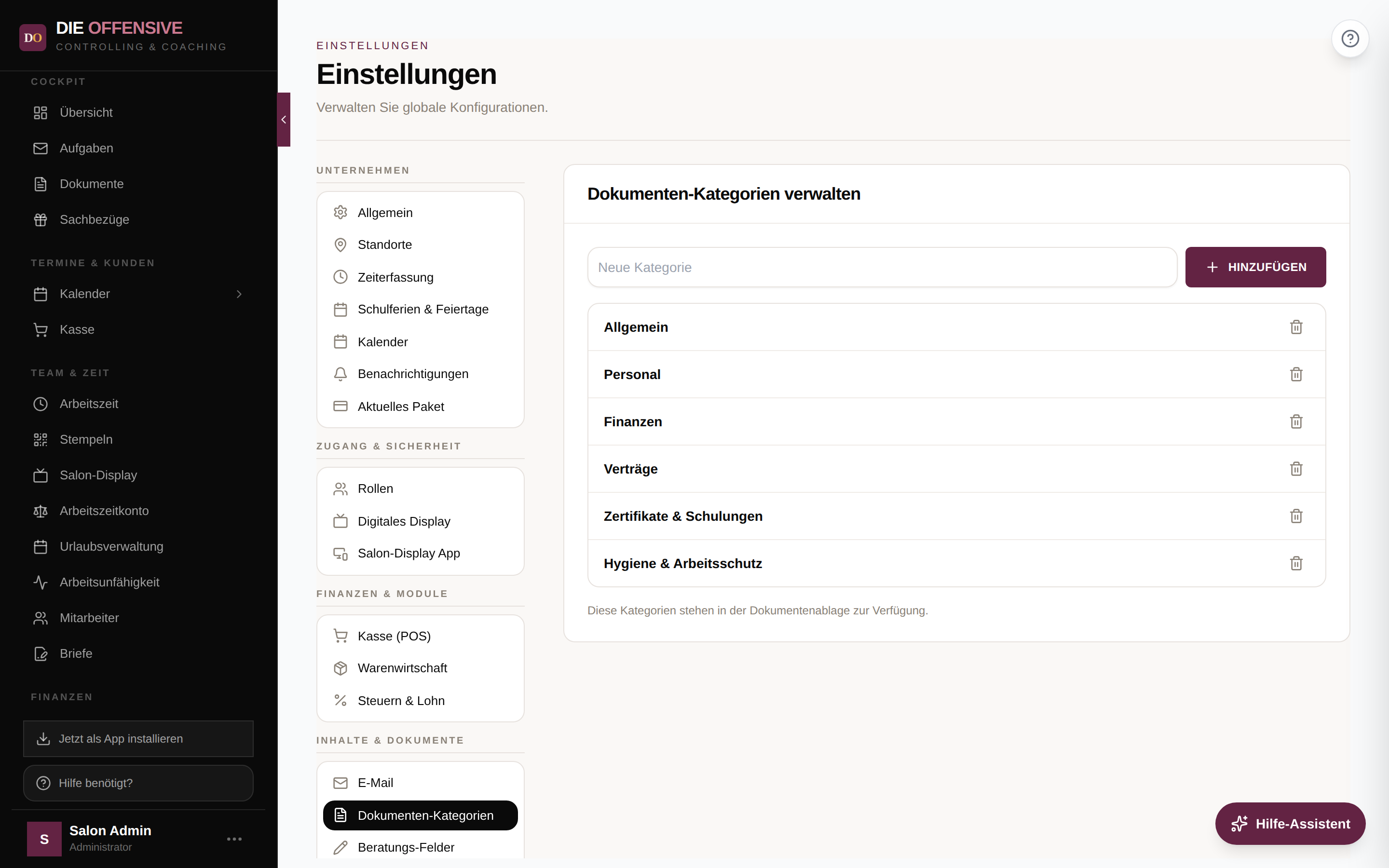 Einstellungen: Dokumenten-Kategorien verwalten mit Kategorienliste und Eingabefeld für neue Kategorien
