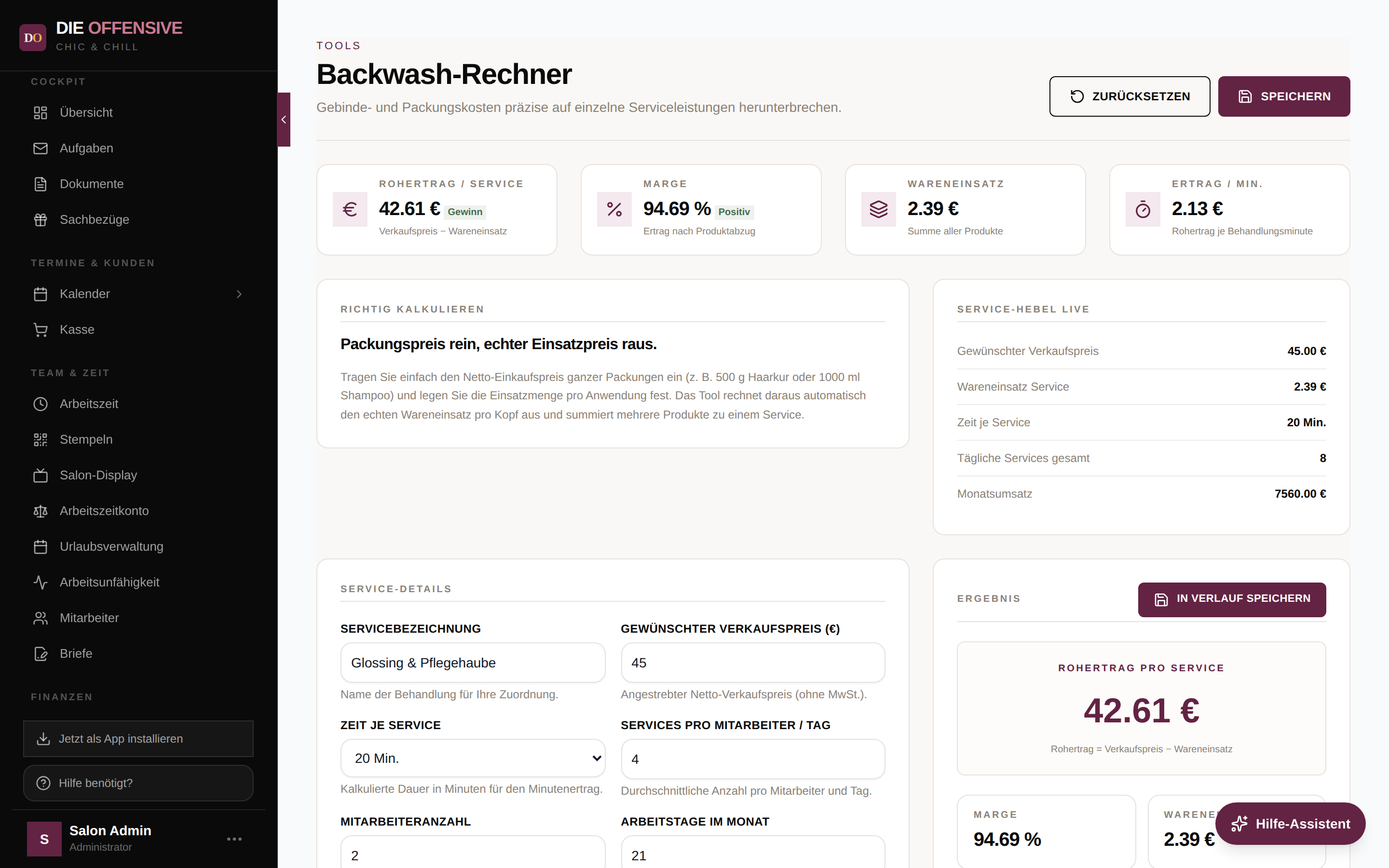 Backwash-Rechner mit Kennzahlen-Kacheln, Service-Details und Live-Ergebnis