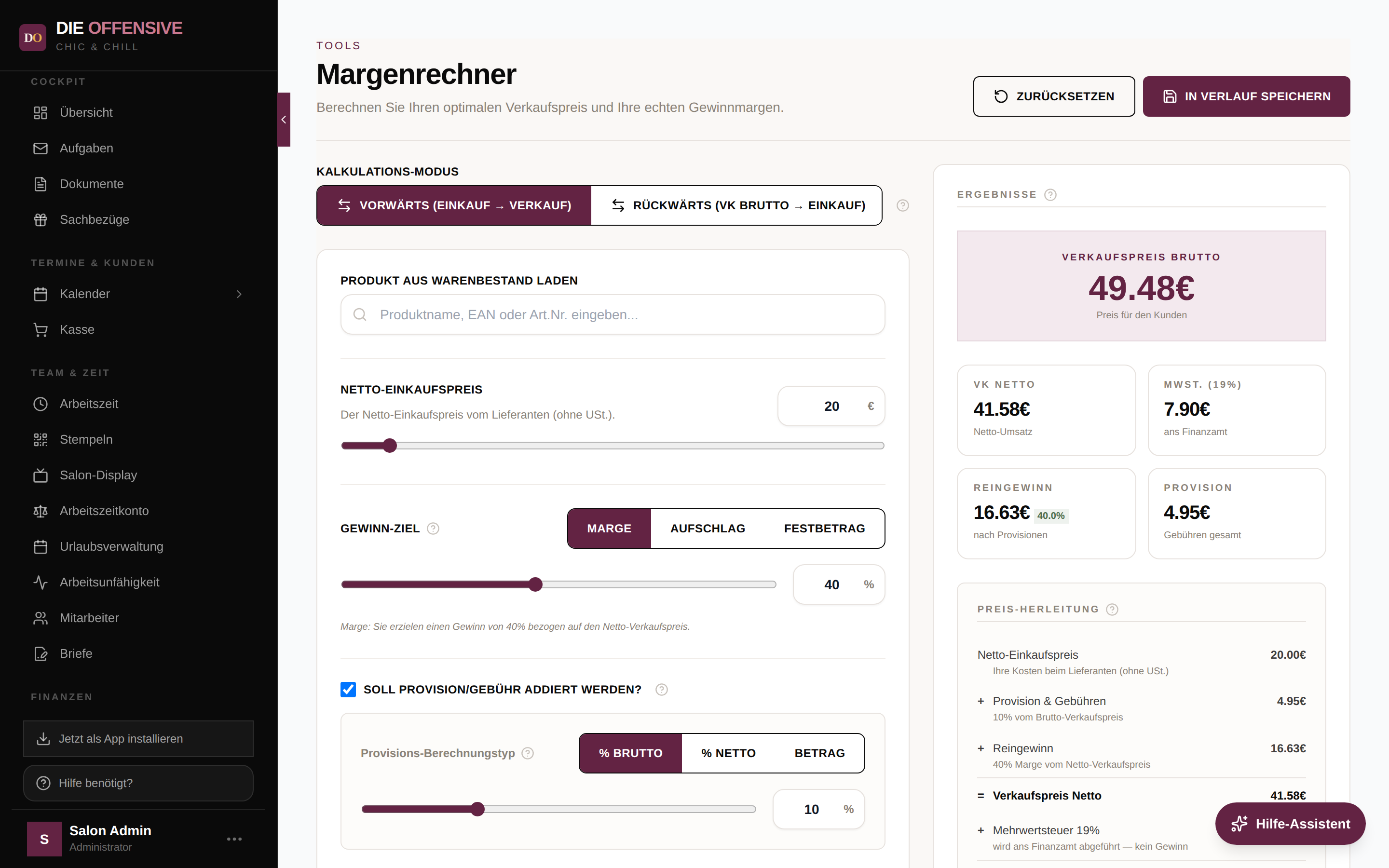 Margenrechner mit Kalkulations-Modus, Schiebereglern und Ergebnisse-Panel