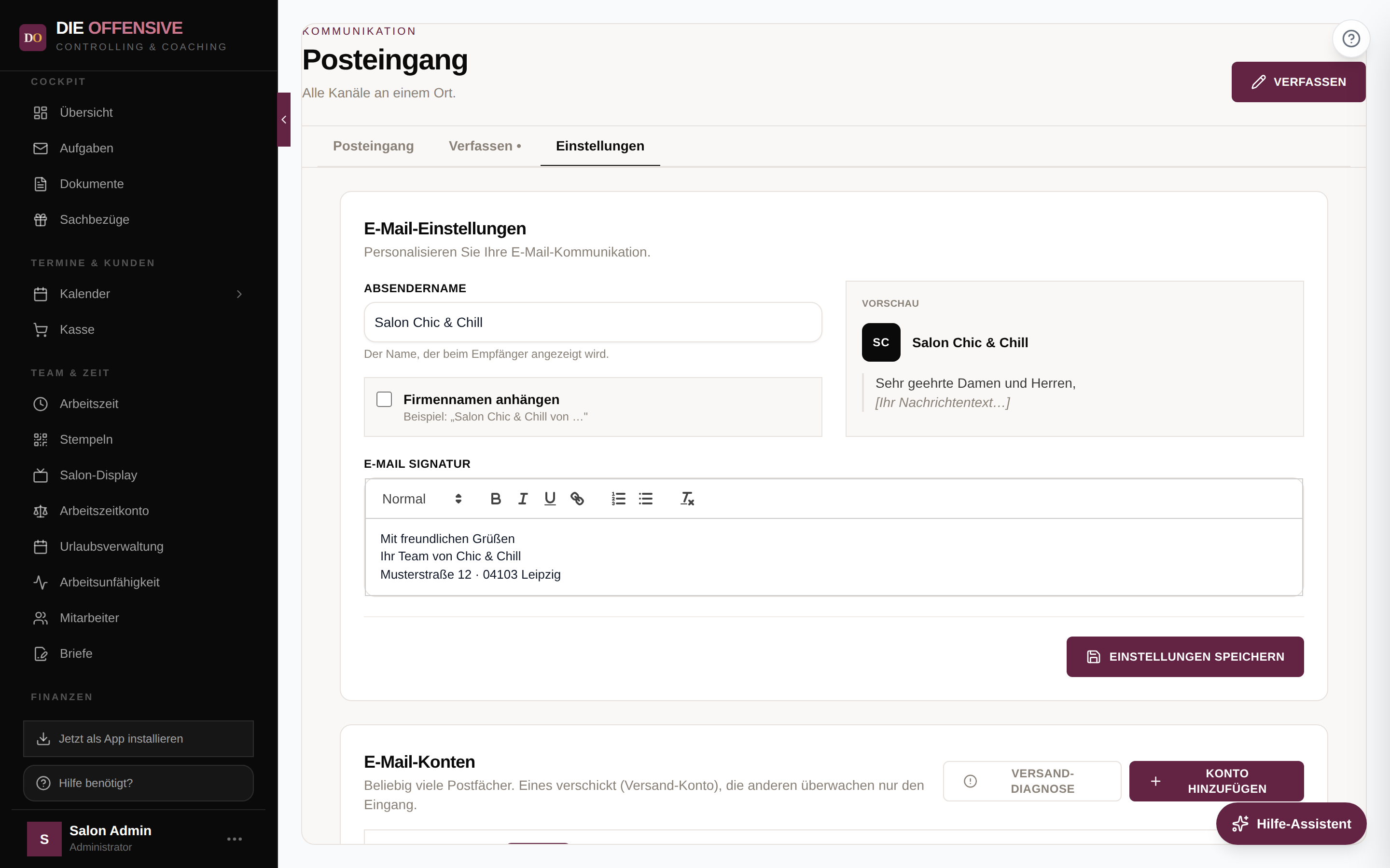 Einstellungen-Tab des Posteingangs mit E-Mail-Einstellungen und dem Bereich E-Mail-Konten