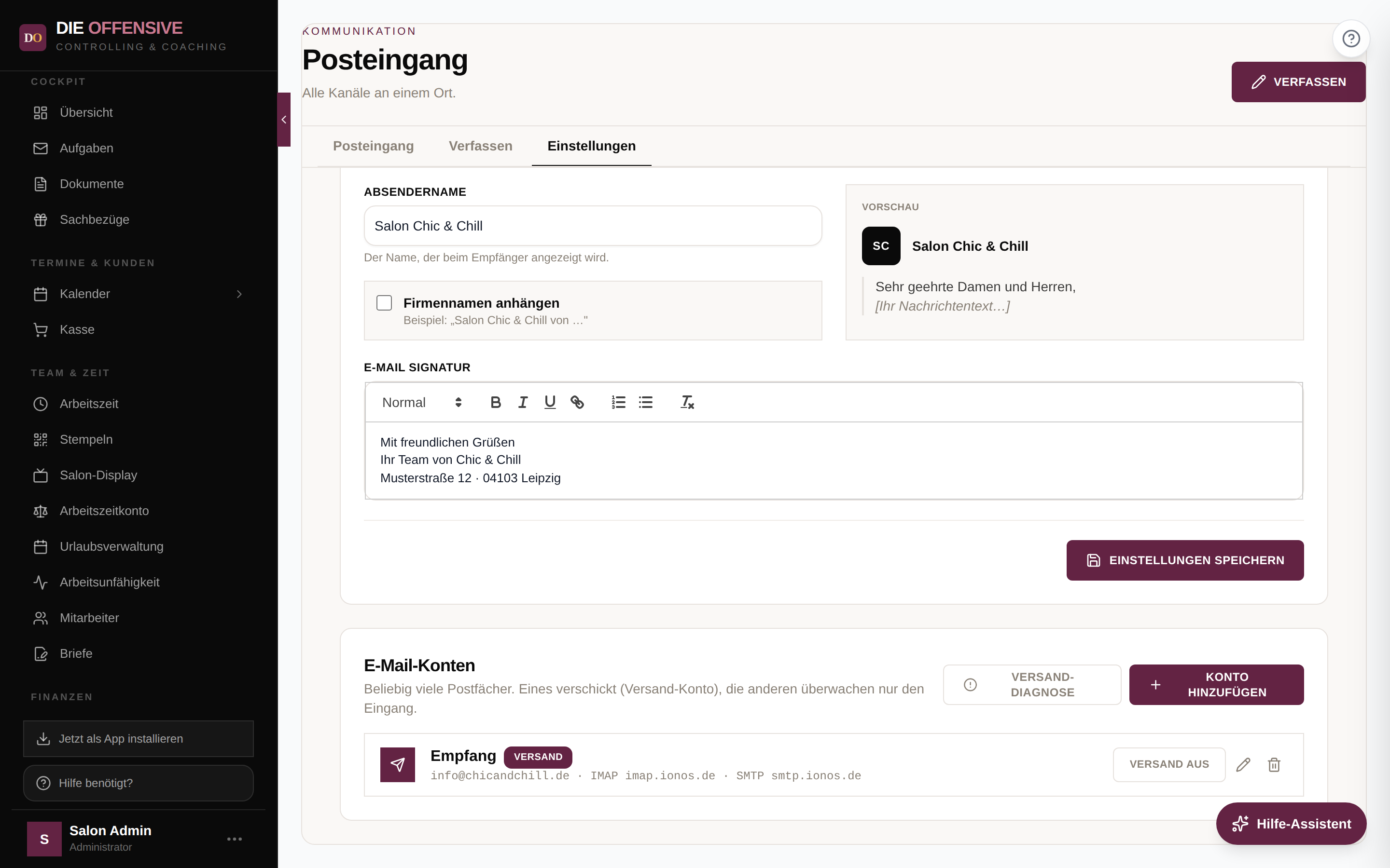 Tab Einstellungen im Posteingang mit dem Abschnitt E-Mail-Konten und einem eingerichteten Konto