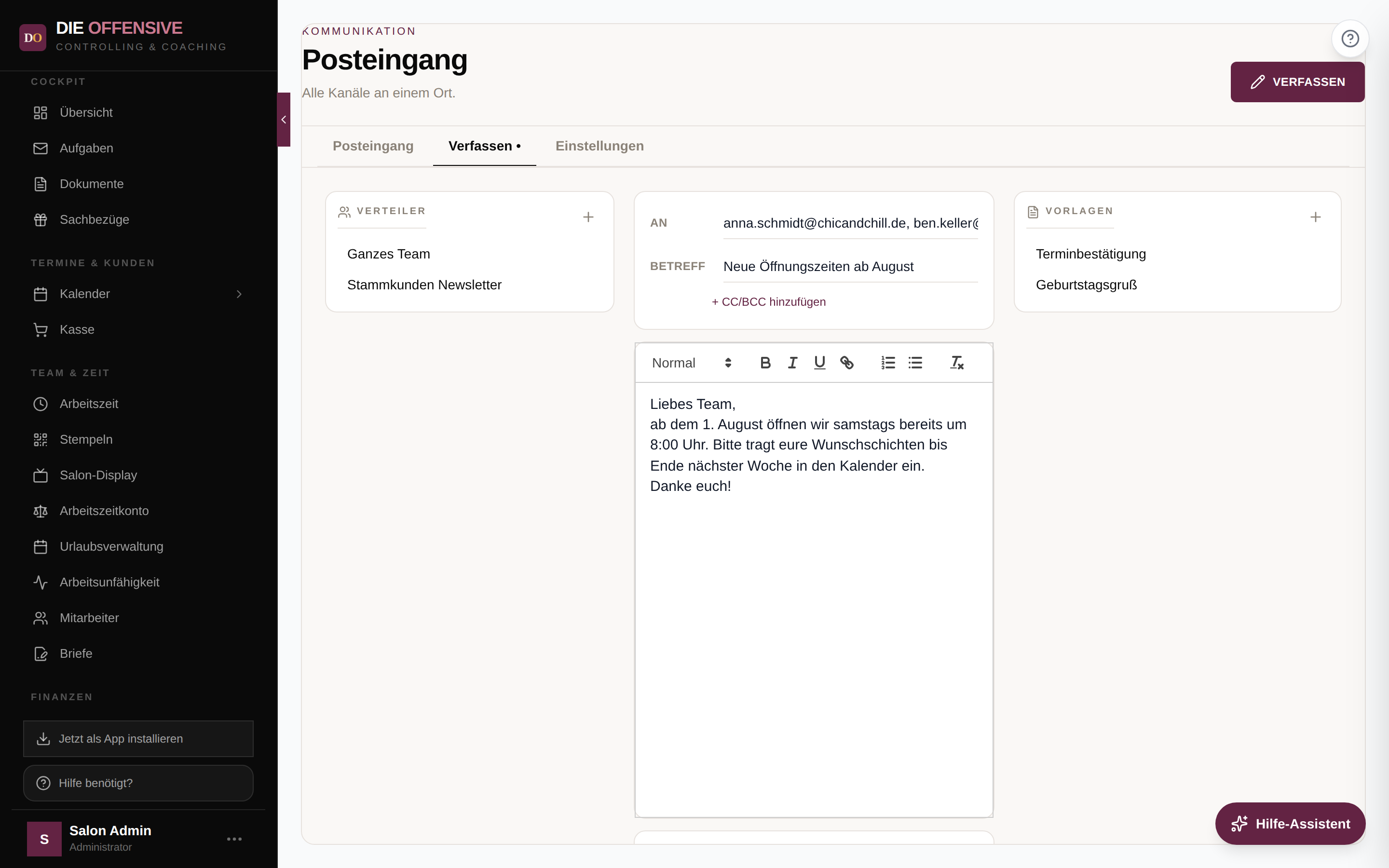 Verfassen-Bereich mit Verteilern links, Editor in der Mitte und Vorlagen rechts