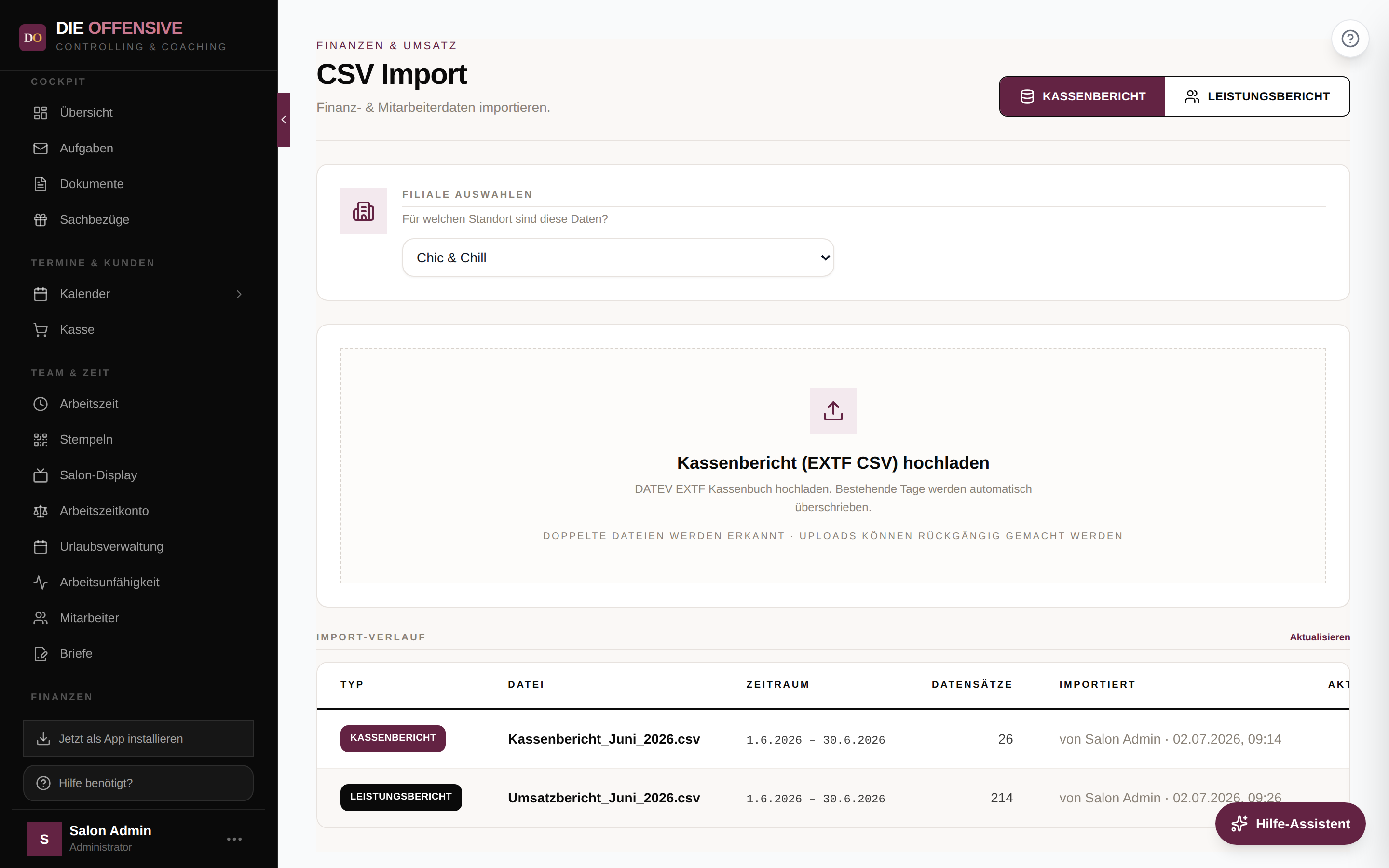 CSV Import mit Umschalter Kassenbericht/Leistungsbericht, Upload-Fläche und Import-Verlauf