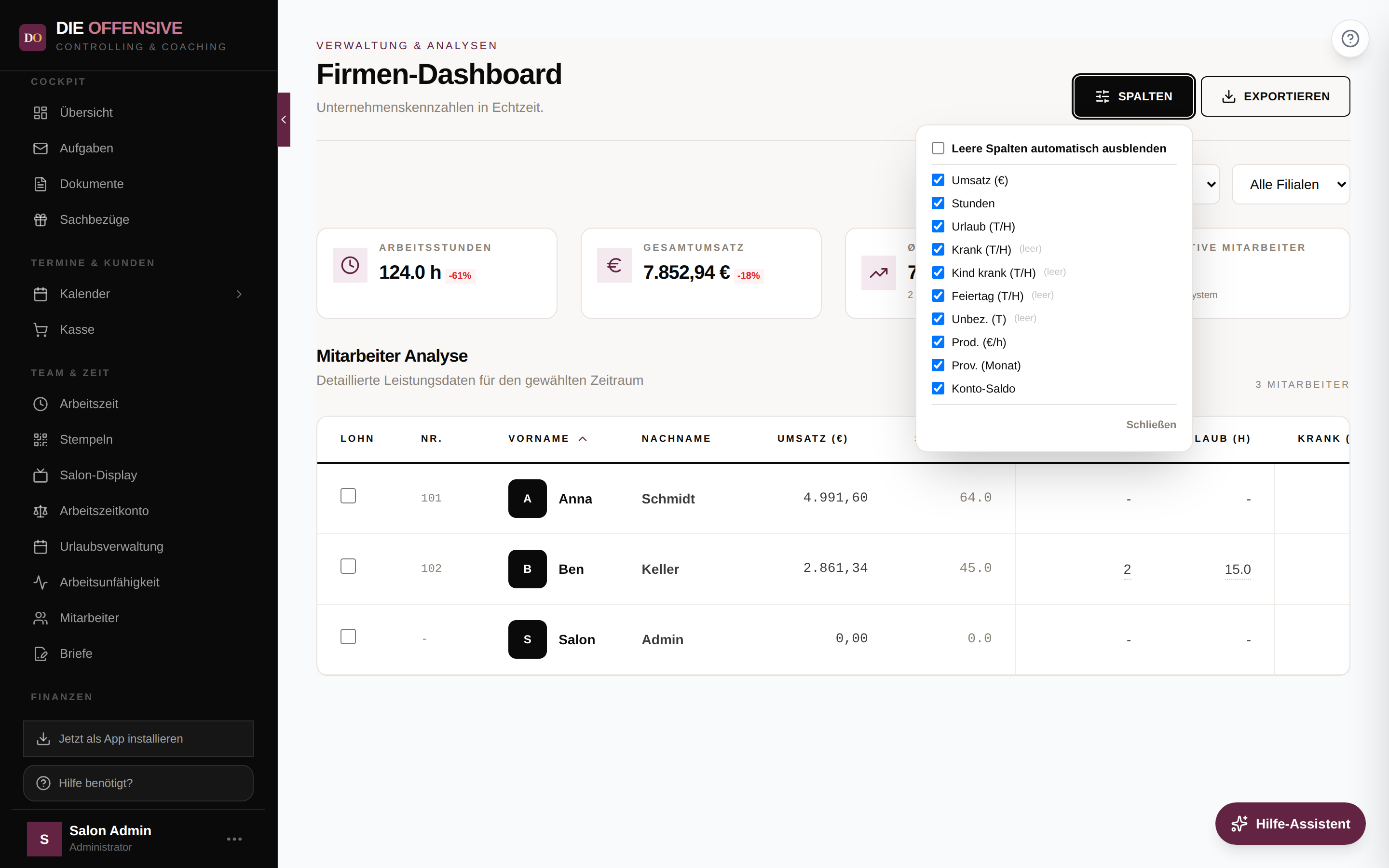 Spalten-Menü im Firmen-Dashboard mit Häkchen pro Spaltengruppe und dem Schalter für leere Spalten