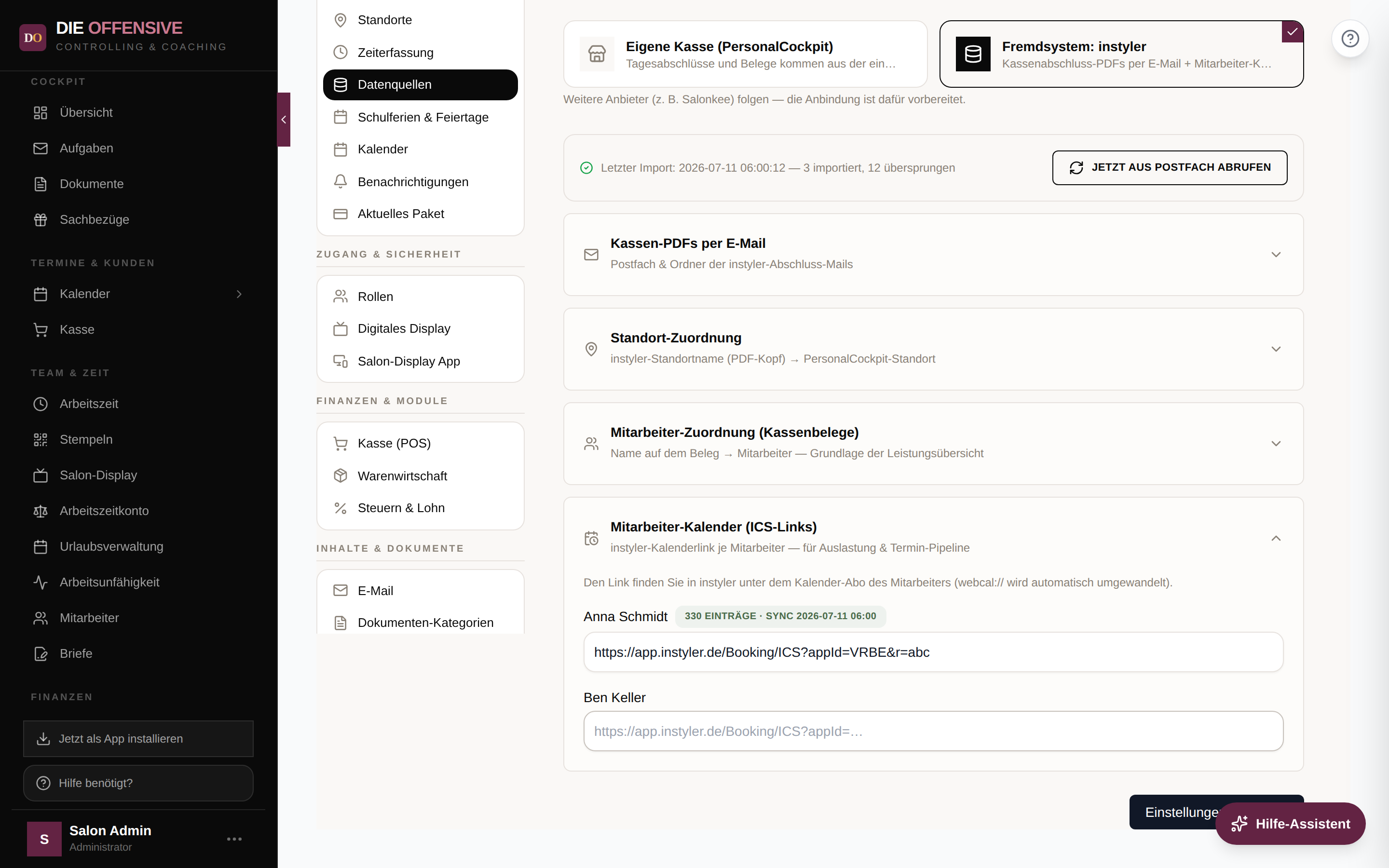 ICS-Kalenderlinks je Mitarbeiter in den Datenquellen-Einstellungen