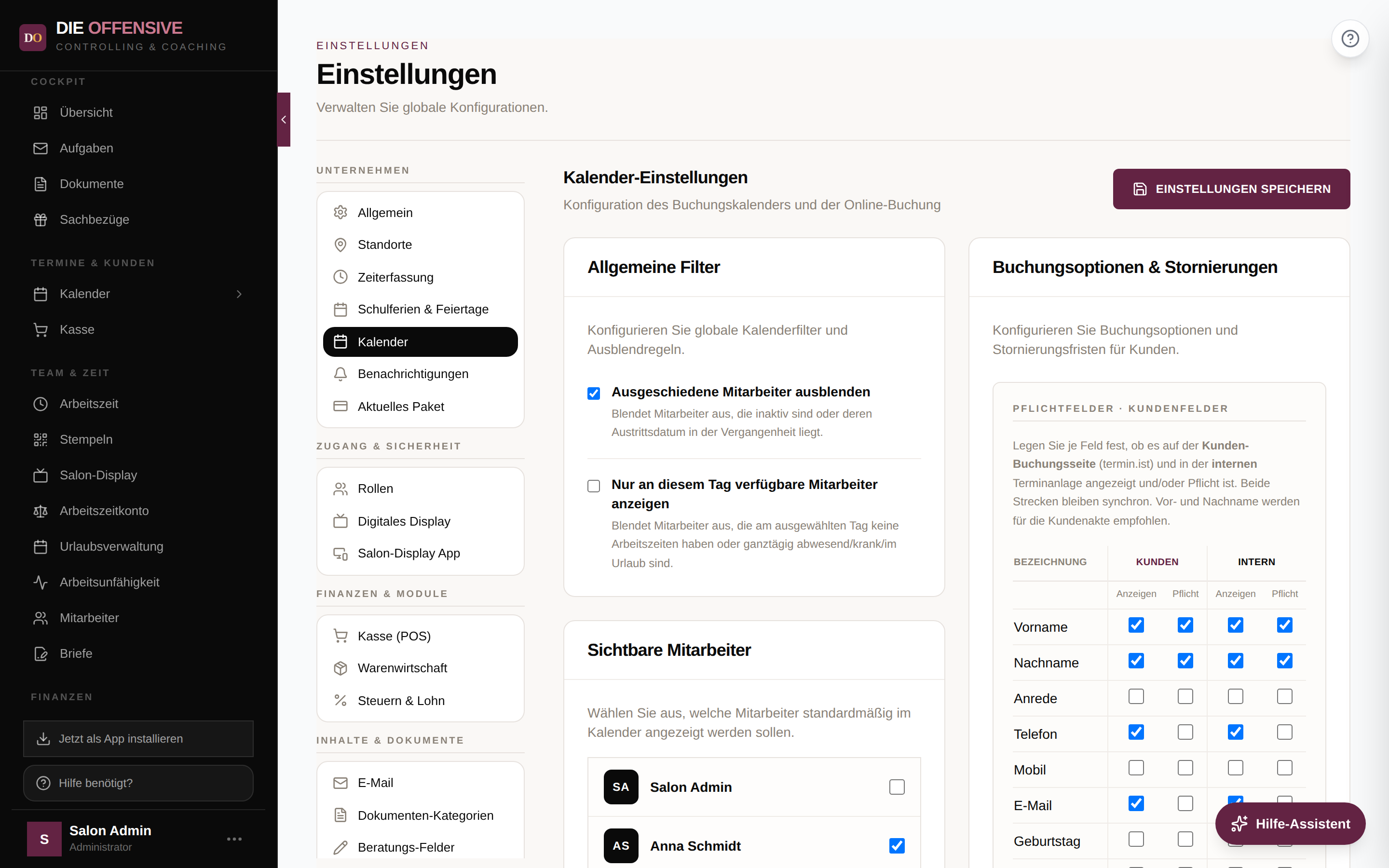Kalender-Einstellungen mit den Karten Allgemeine Filter, Sichtbare Mitarbeiter und Buchungsoptionen