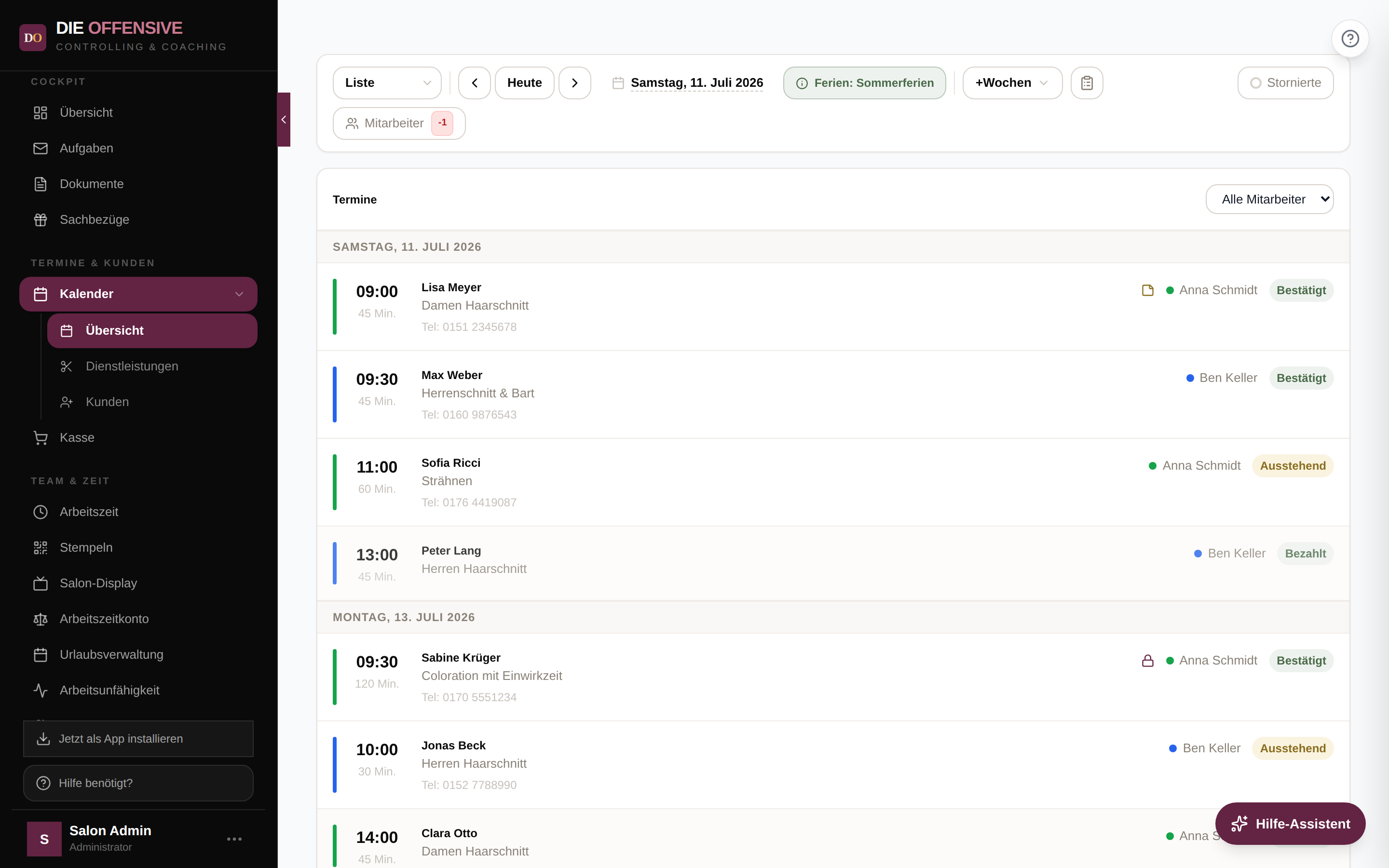 Listenansicht des Kalenders: Termine mehrerer Tage nach Datum gruppiert, mit Status-Badges