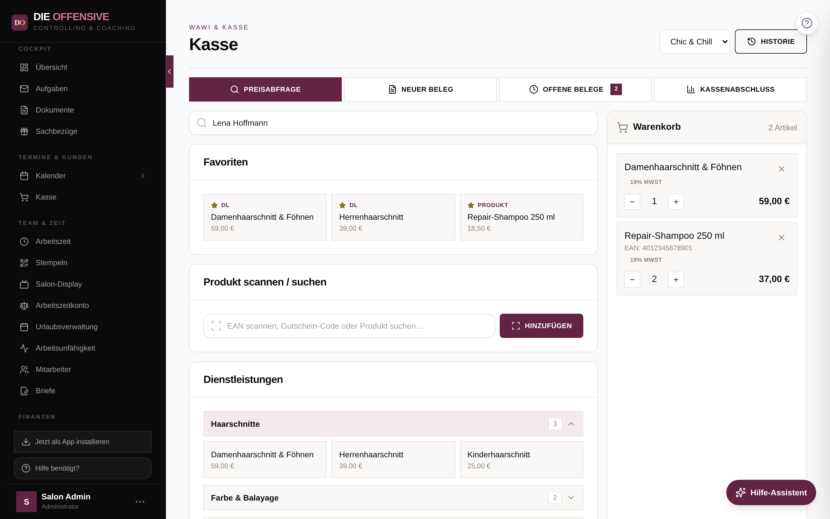 Die Kasse im Tab Preisabfrage mit Favoriten, Produktsuche, Dienstleistungen und Warenkorb