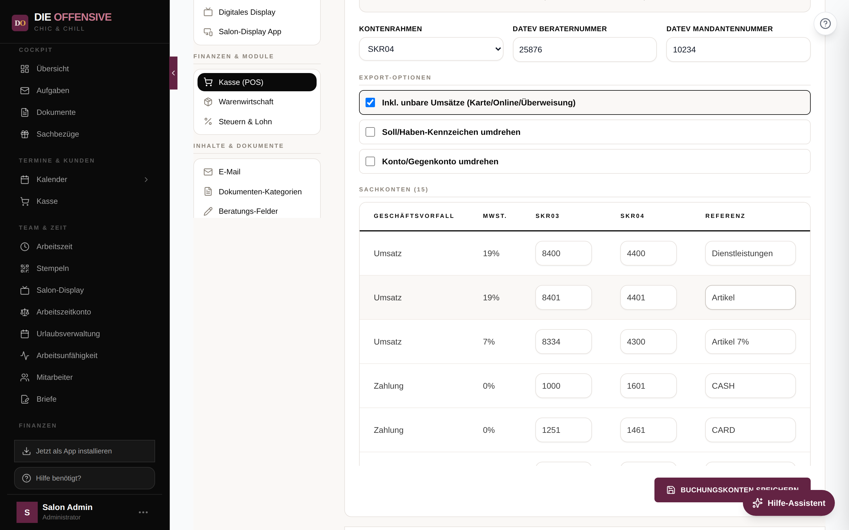 Kasseneinstellungen, Zahlungen → Konten: Kontenrahmen, DATEV-Nummern, Export-Optionen und Sachkonten-Tabelle