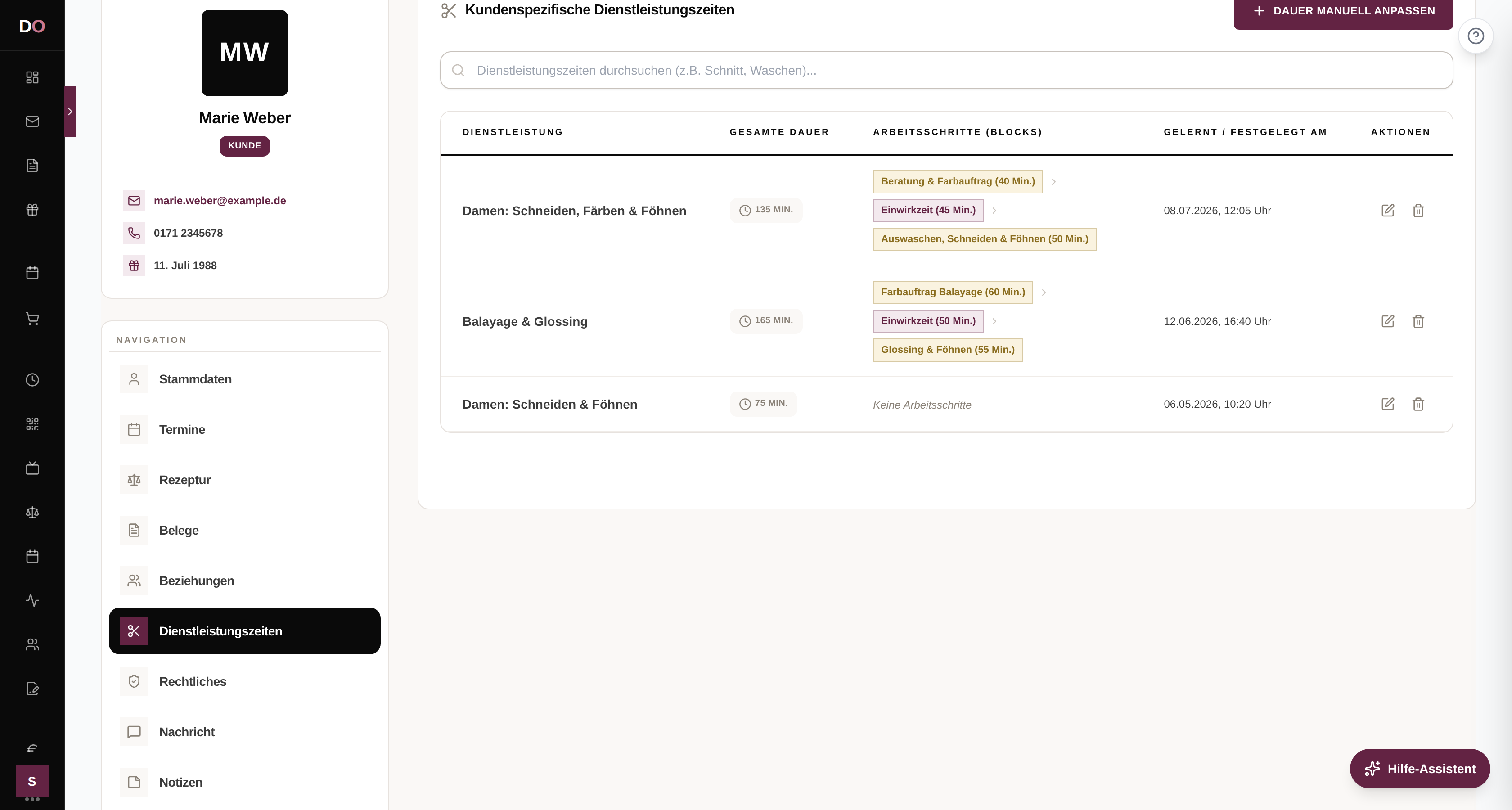 Dienstleistungszeiten-Tab mit Tabelle der kundenspezifischen Zeiten und Arbeitsschritten