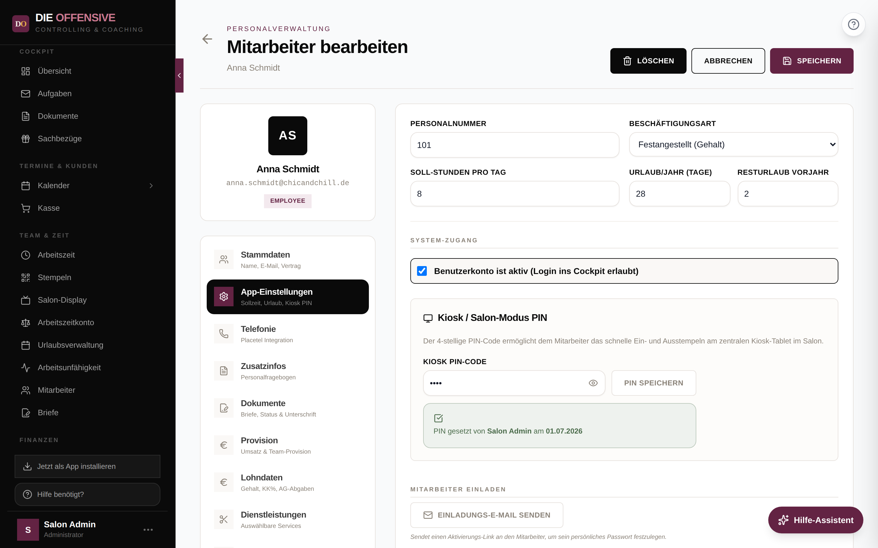App-Einstellungen mit dem Schalter Benutzerkonto ist aktiv unter System-Zugang
