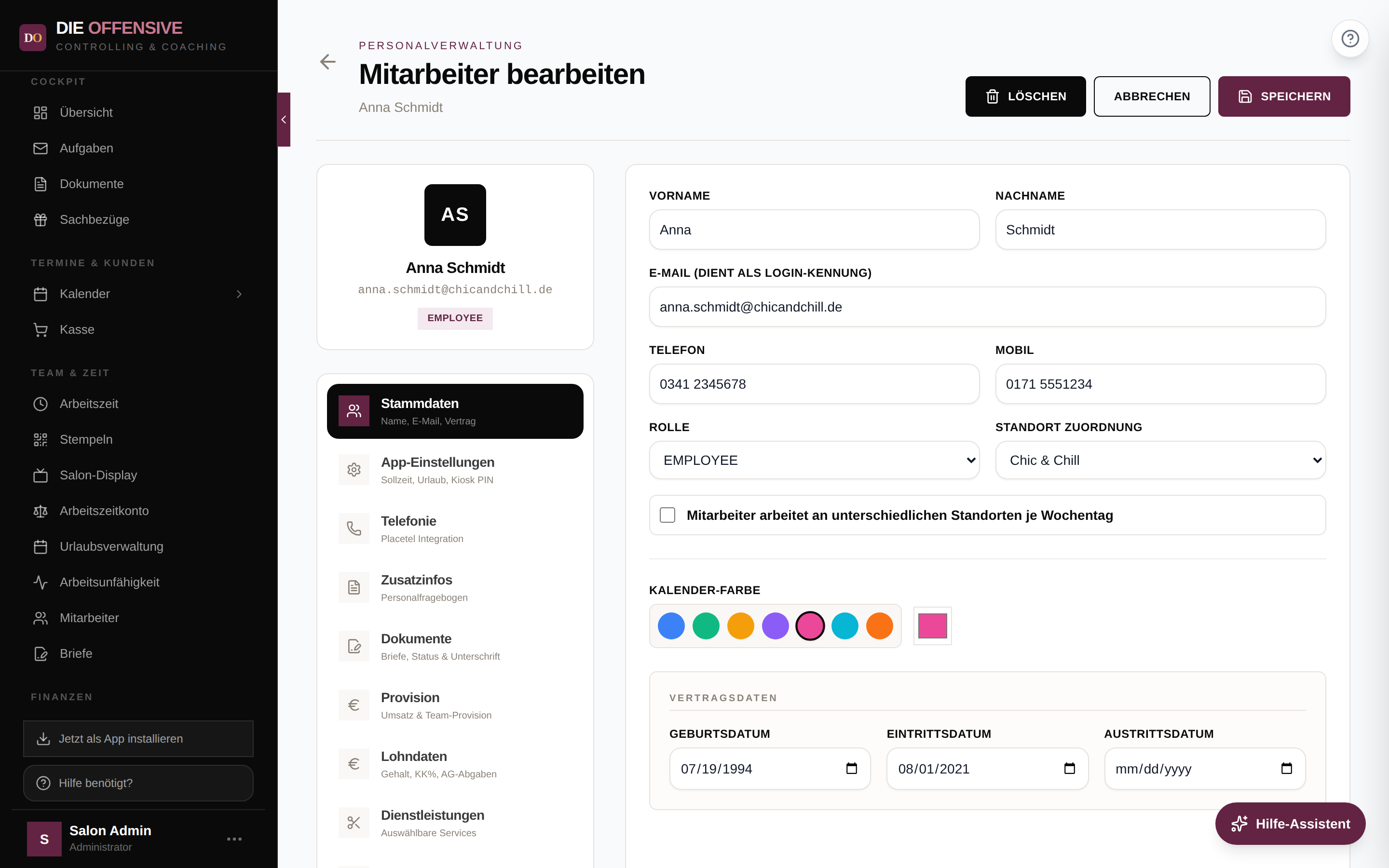 Stammdaten der Mitarbeiter-Akte mit Name, E-Mail, Rolle, Standort und Vertragsdaten