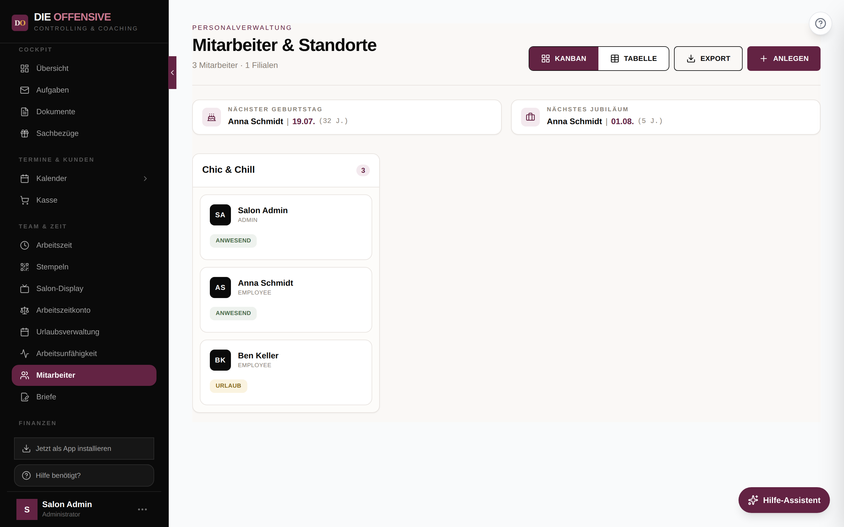 Mitarbeiter-Übersicht mit Standort-Karten und dem Anlegen-Button oben rechts