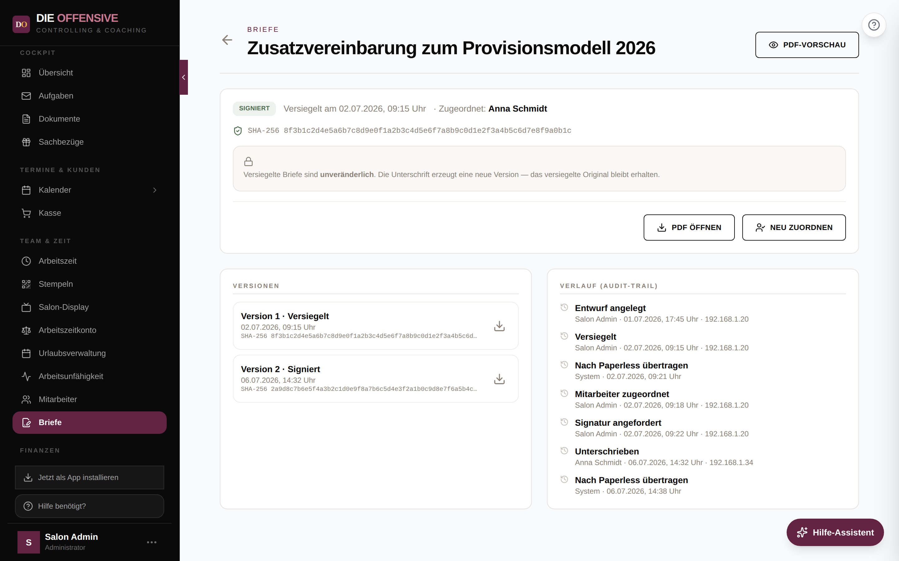 Brief-Detail mit Audit-Trail: zweimal der Eintrag 'Nach Paperless übertragen' durch das System