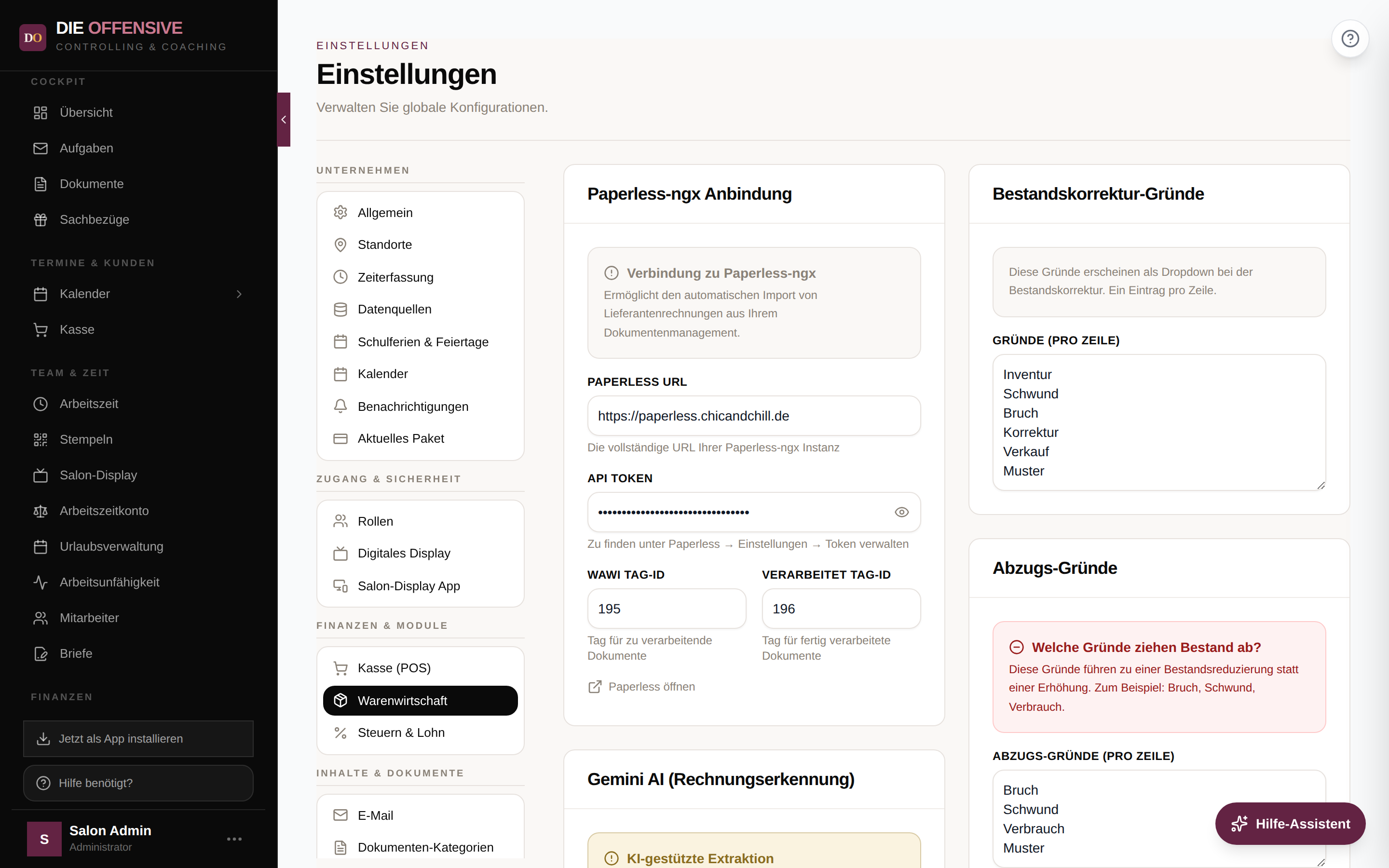 Einstellungen → Warenwirtschaft mit der Karte Paperless-ngx Anbindung: Paperless URL und API Token