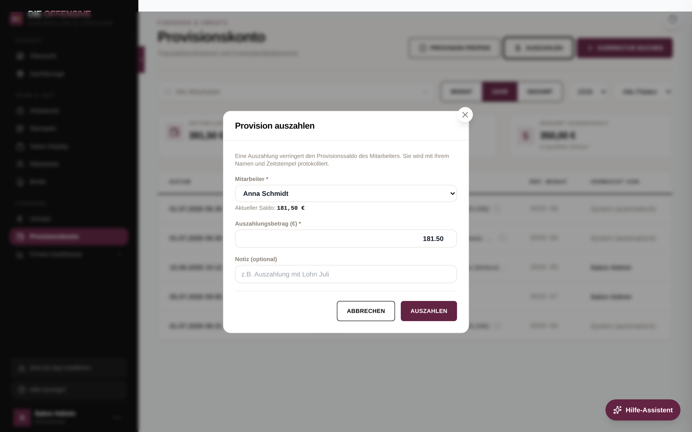 Provision auszahlen: Saldo-Anzeige und vorbelegter Auszahlungsbetrag