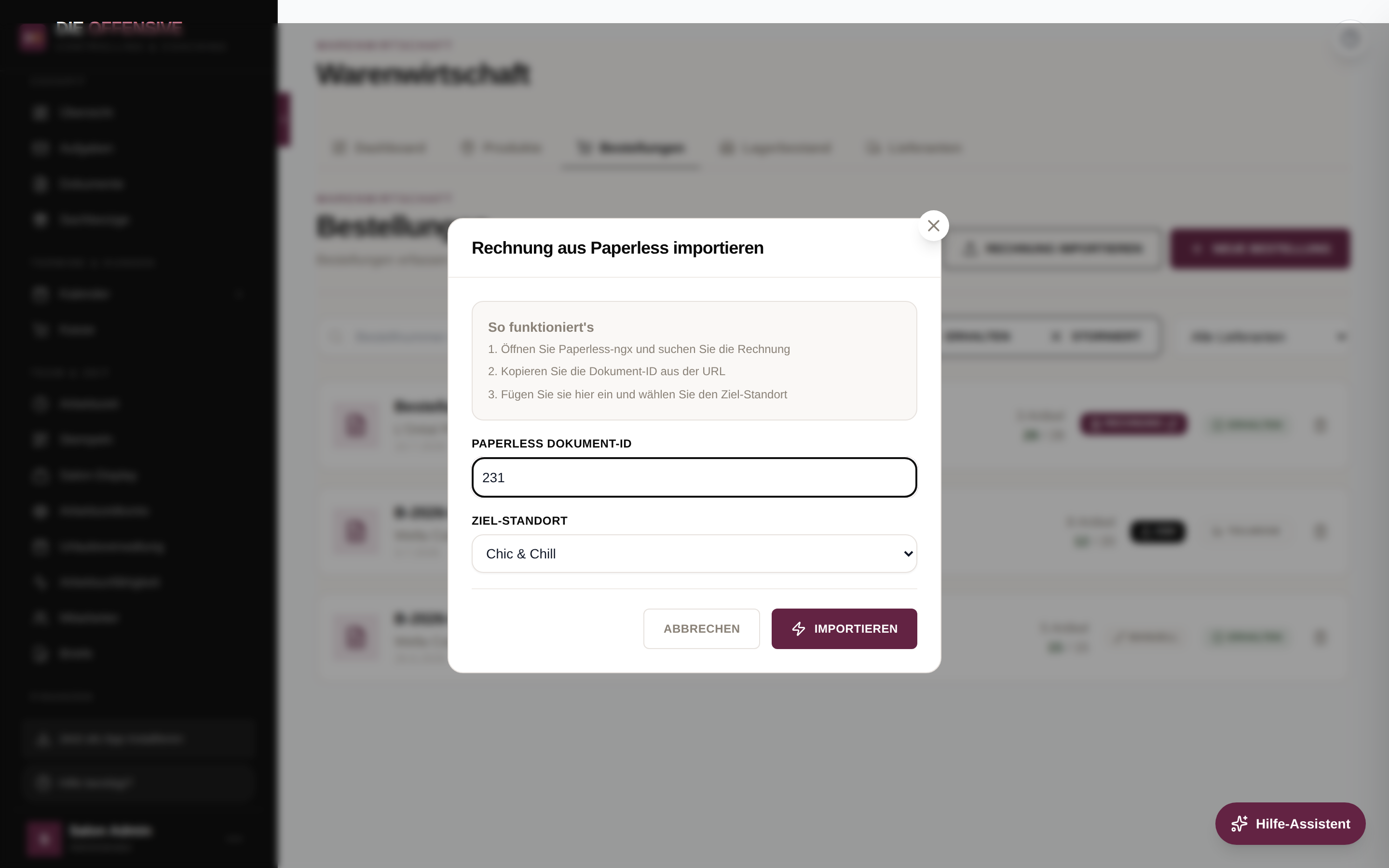 Import-Fenster mit Paperless Dokument-ID und Ziel-Standort im Tab Bestellungen