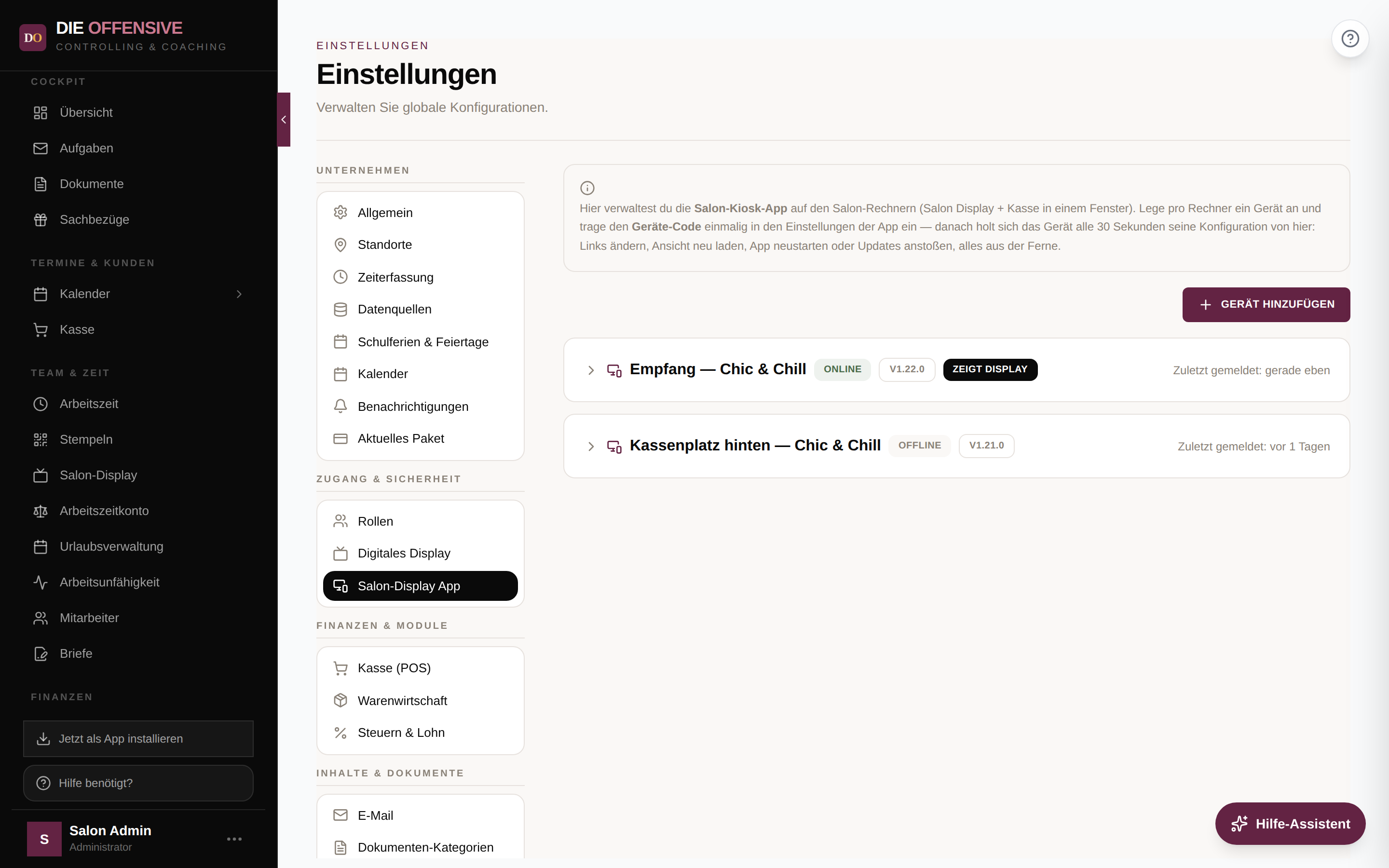 Geräte-Übersicht unter Einstellungen → Salon-Display App mit Online-Status und App-Version