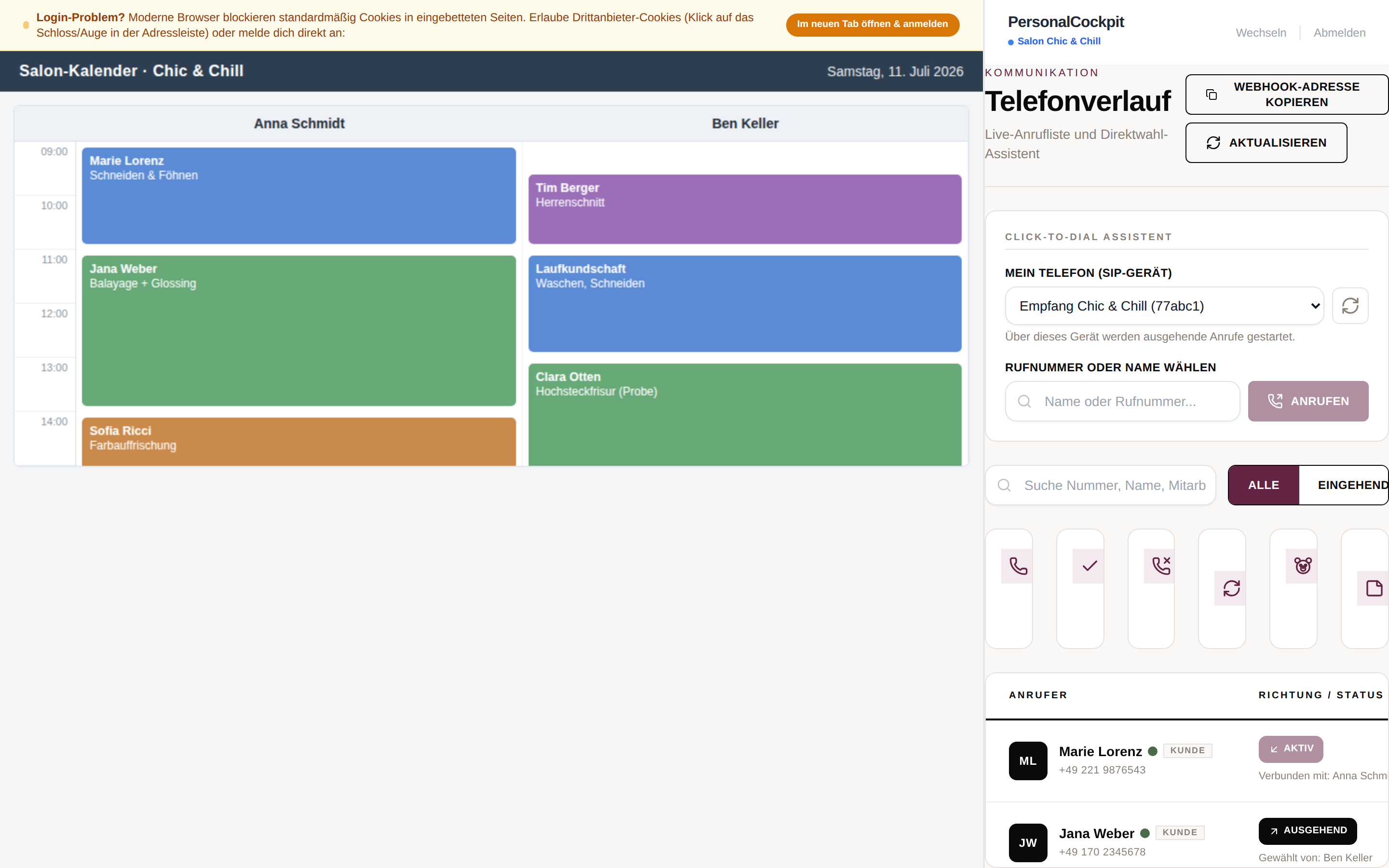 Salon-Split-Modus: externer Kalender links, PersonalCockpit-Telefon-Panel rechts