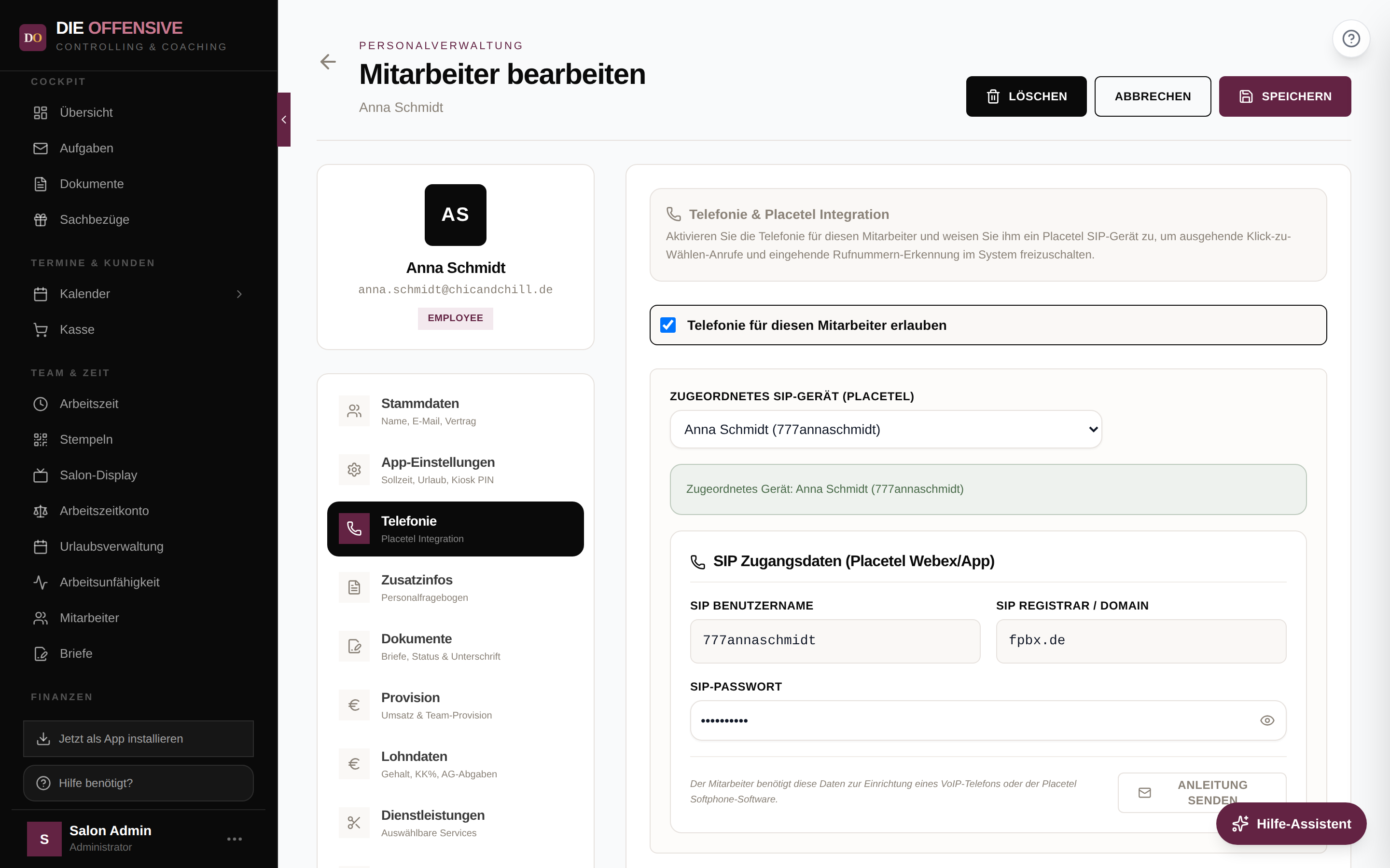 Telefonie-Tab in der Mitarbeiterakte mit zugeordnetem SIP-Gerät und SIP-Zugangsdaten