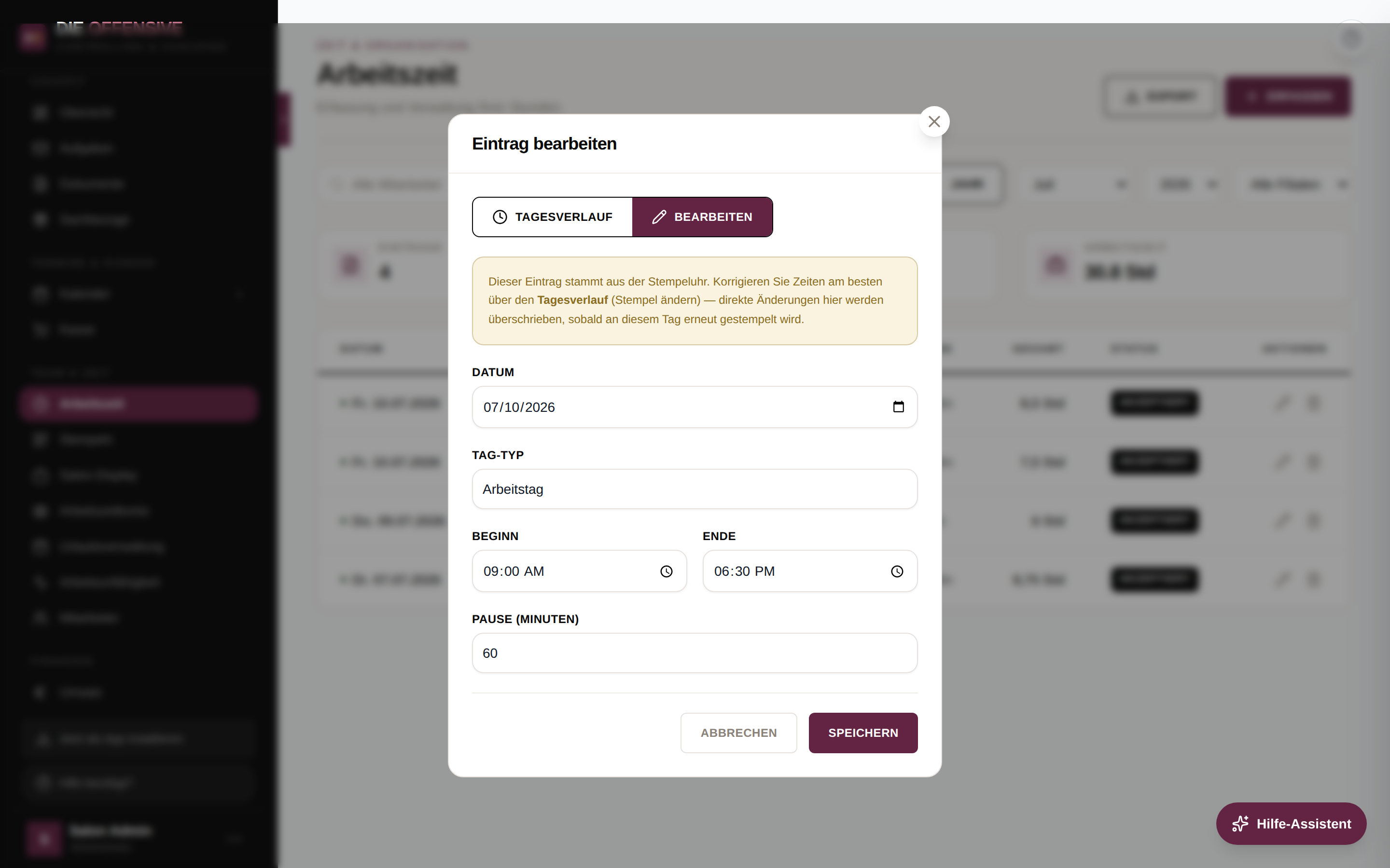 Tab Bearbeiten eines Stempeluhr-Eintrags mit Hinweisbox: Zeiten besser über den Tagesverlauf korrigieren