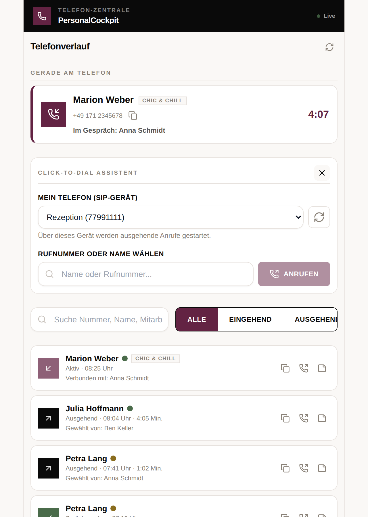 Click-to-Dial-Assistent im Telefon-Panel: Auswahl „Mein Telefon (SIP-Gerät)