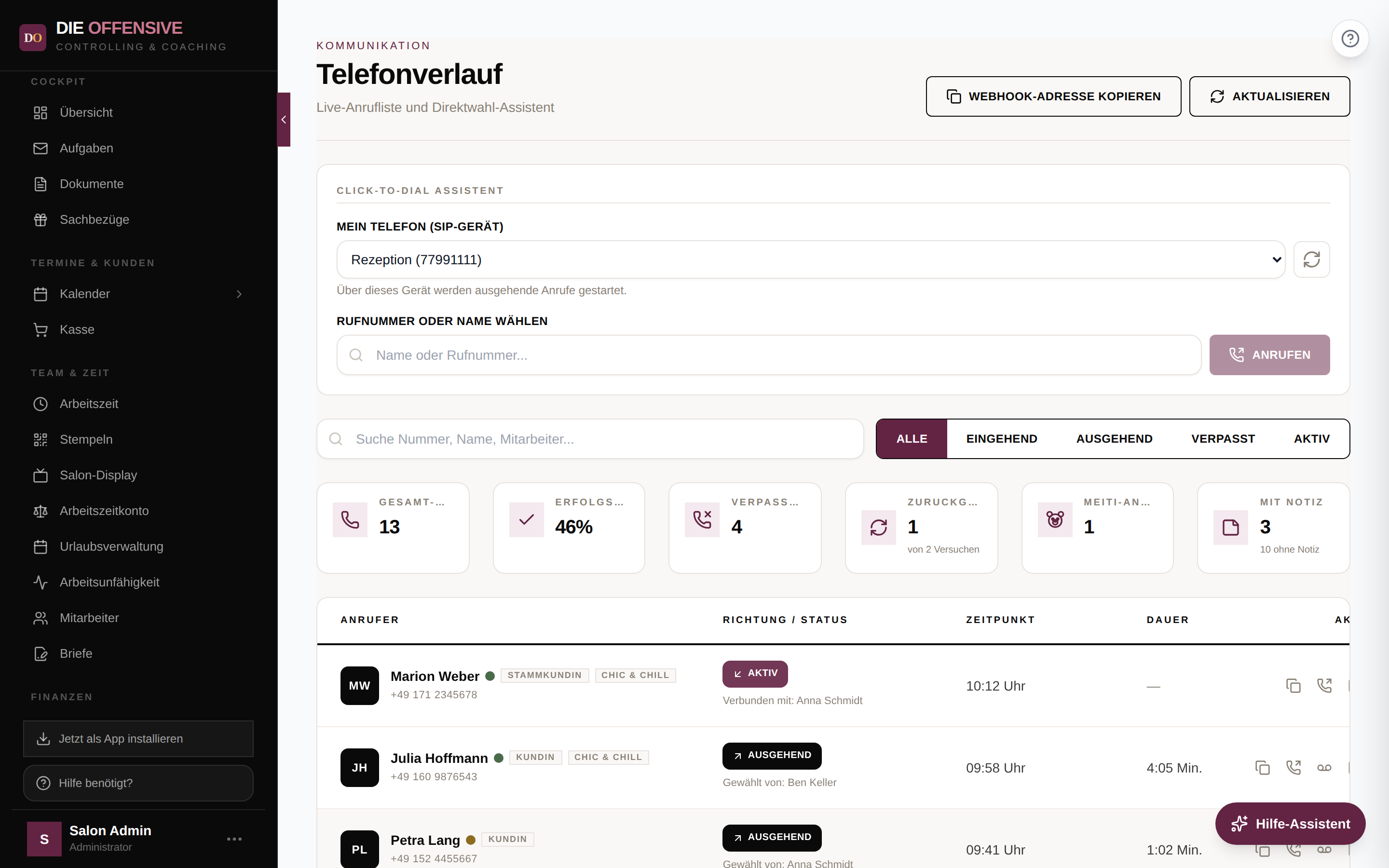 Telefonverlauf nach der Einrichtung: Webhook-Button, SIP-Geräteauswahl und Live-Anrufliste