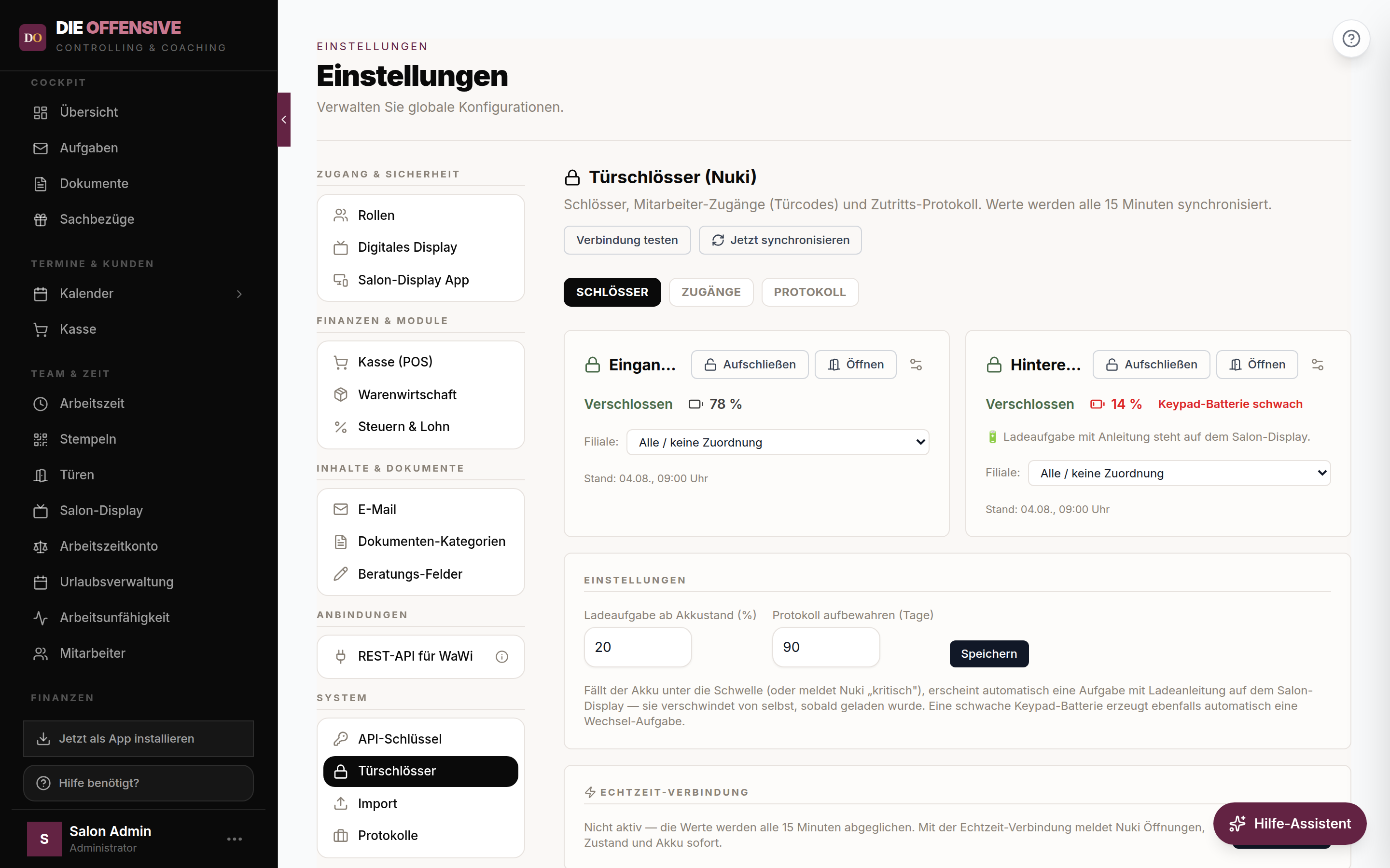 Einstellungen → Türschlösser: zwei Nuki-Schlösser mit Zustand, Akkustand, Öffnen-Knopf, Filial-Zuordnung und Akku-Schwelle