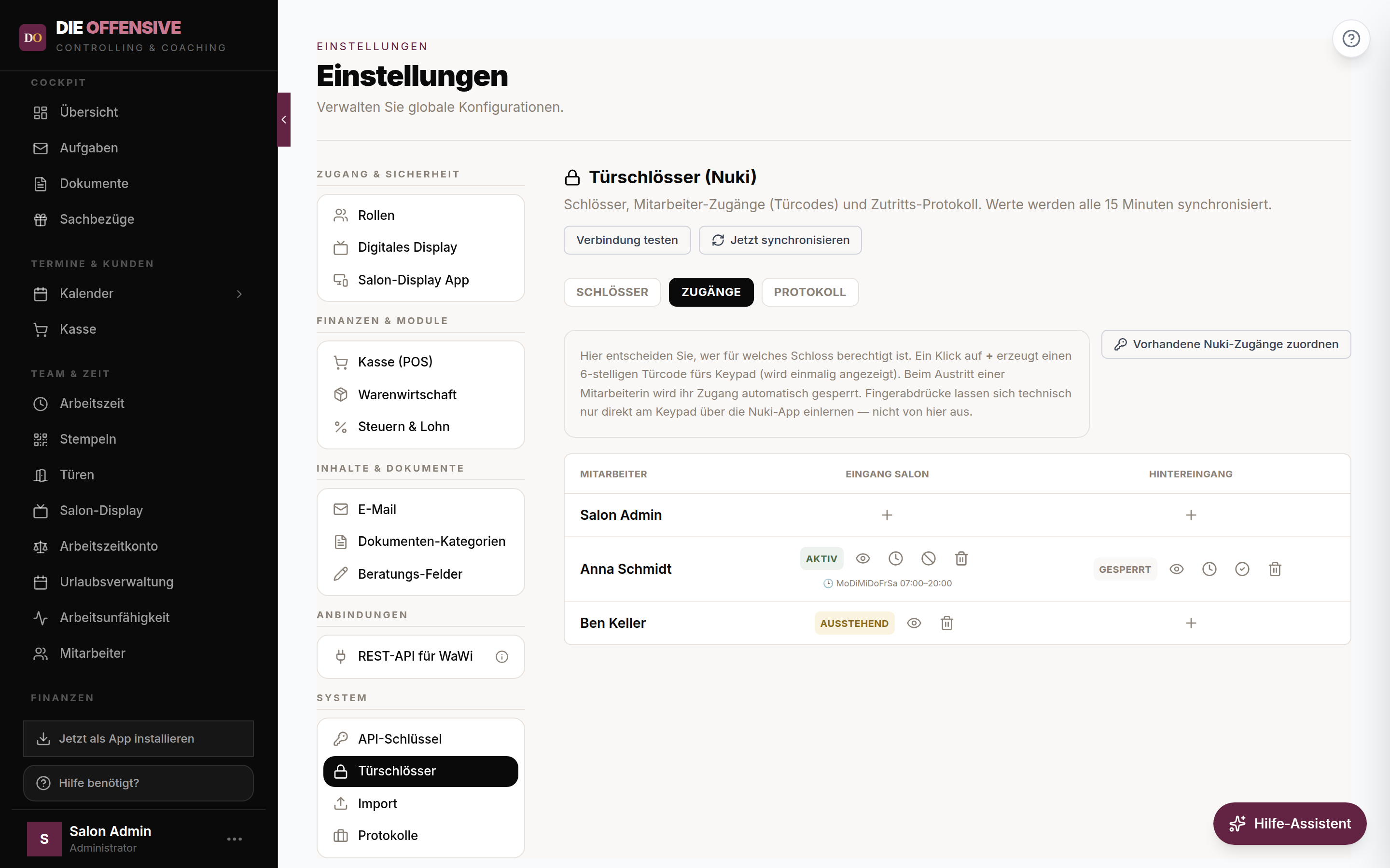 Zugänge-Matrix: Mitarbeiterinnen und Schlösser als Tabelle mit Status Aktiv, Ausstehend, Gesperrt sowie Anzeigen-, Sperren- und Löschen-Symbolen