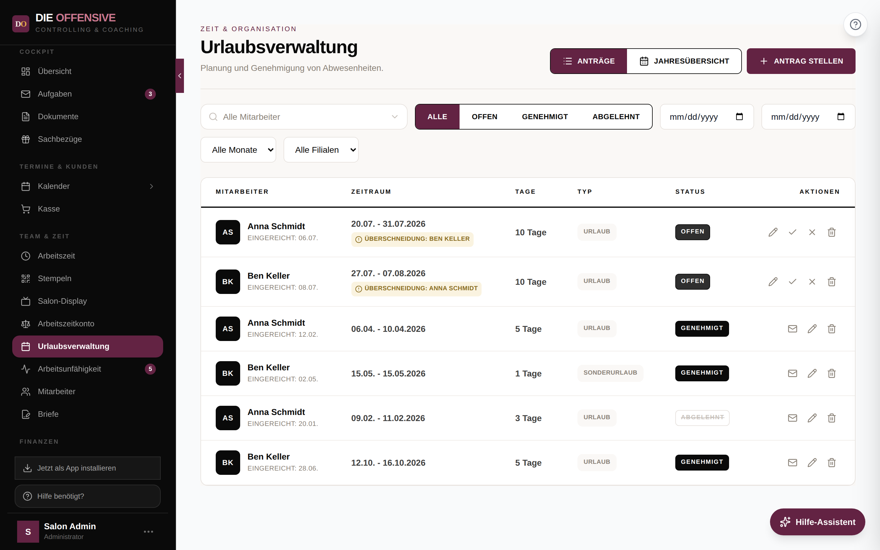 Antragsliste mit offenen Anträgen, Überschneidungshinweis und Genehmigen-/Ablehnen-Symbolen