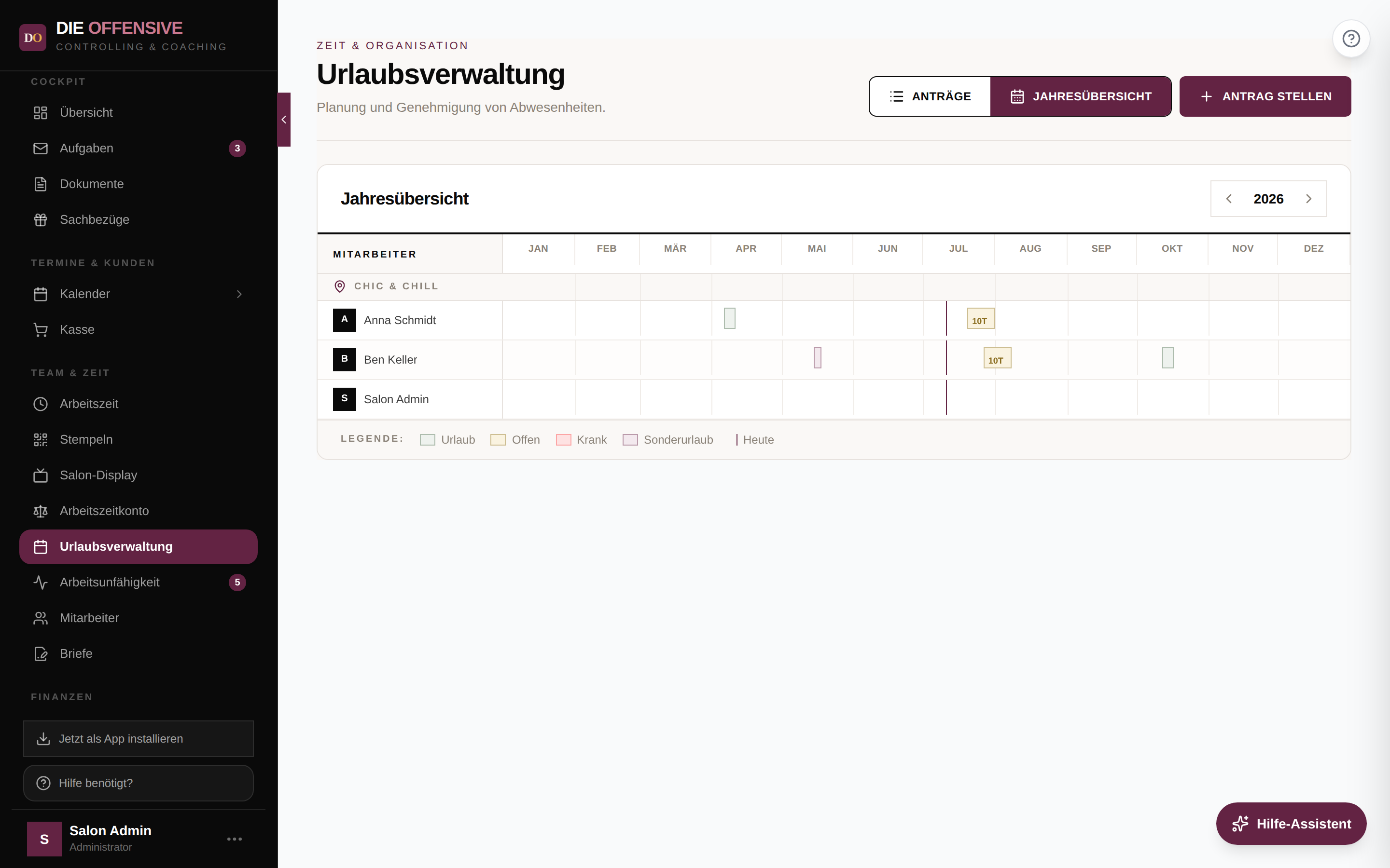 Jahresübersicht als Zeitleiste mit Abwesenheitsbalken pro Mitarbeiter und Legende
