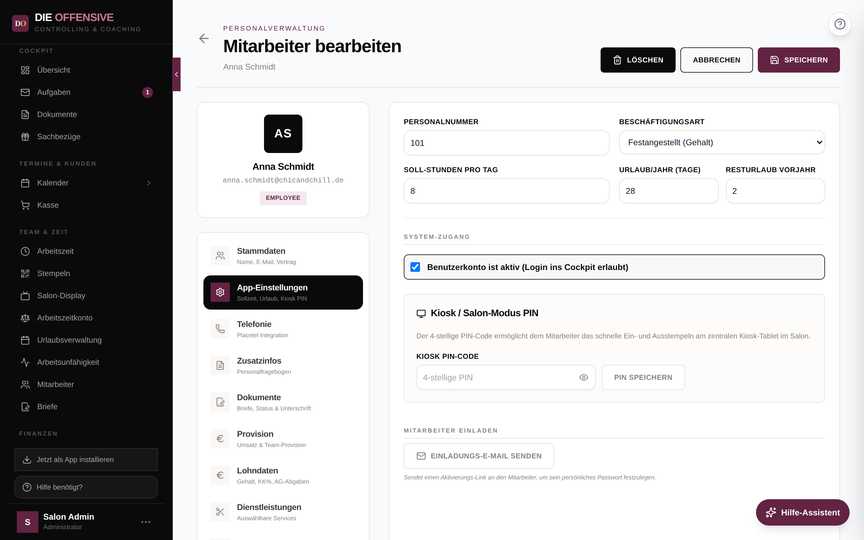 Mitarbeiterakte, Bereich App-Einstellungen mit den Feldern Urlaub/Jahr (Tage) und Resturlaub Vorjahr
