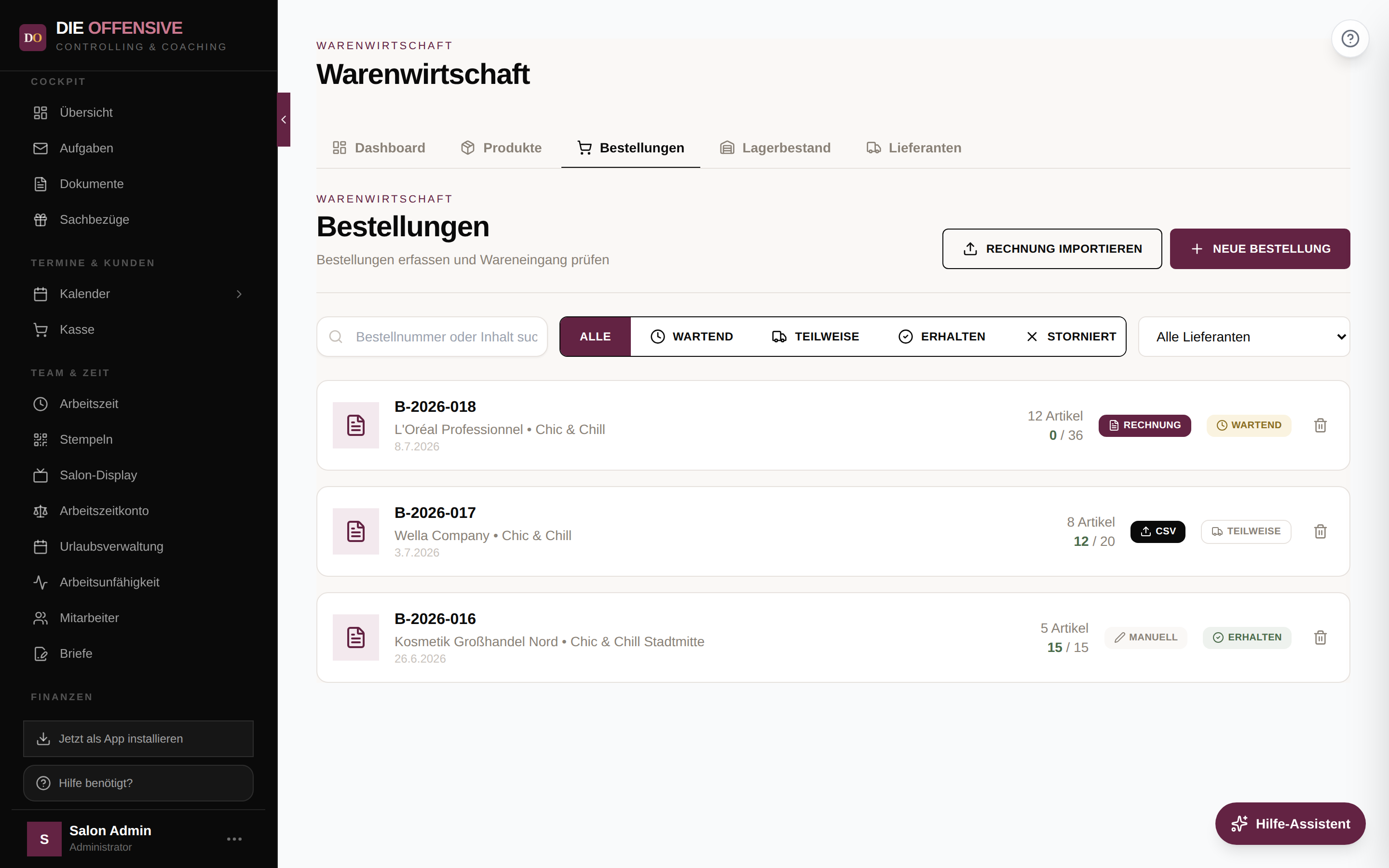 Bestellliste mit Statusfilter, Quellen-Badges (Rechnung, CSV, Manuell) und Erhalten-Zähler