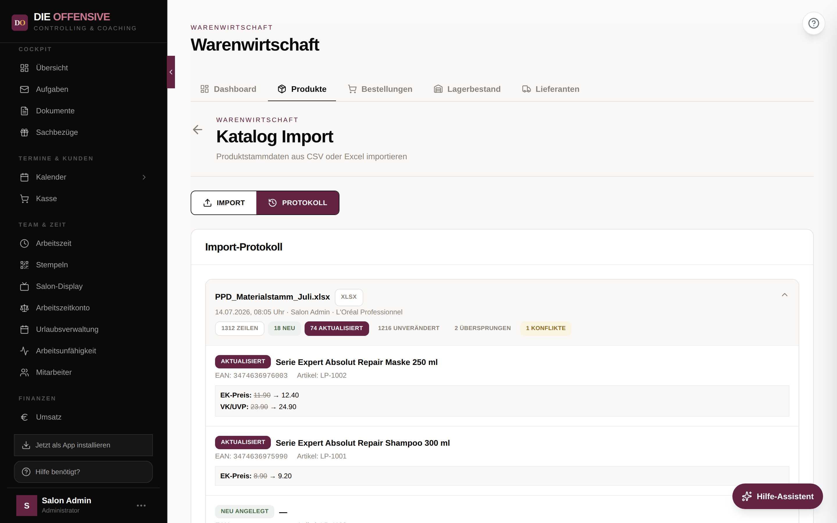 Import-Protokoll mit aufgeklapptem Lauf: Dateiname, Datum, Person, Ergebnis-Zähler und Feld-Änderungen alt zu neu