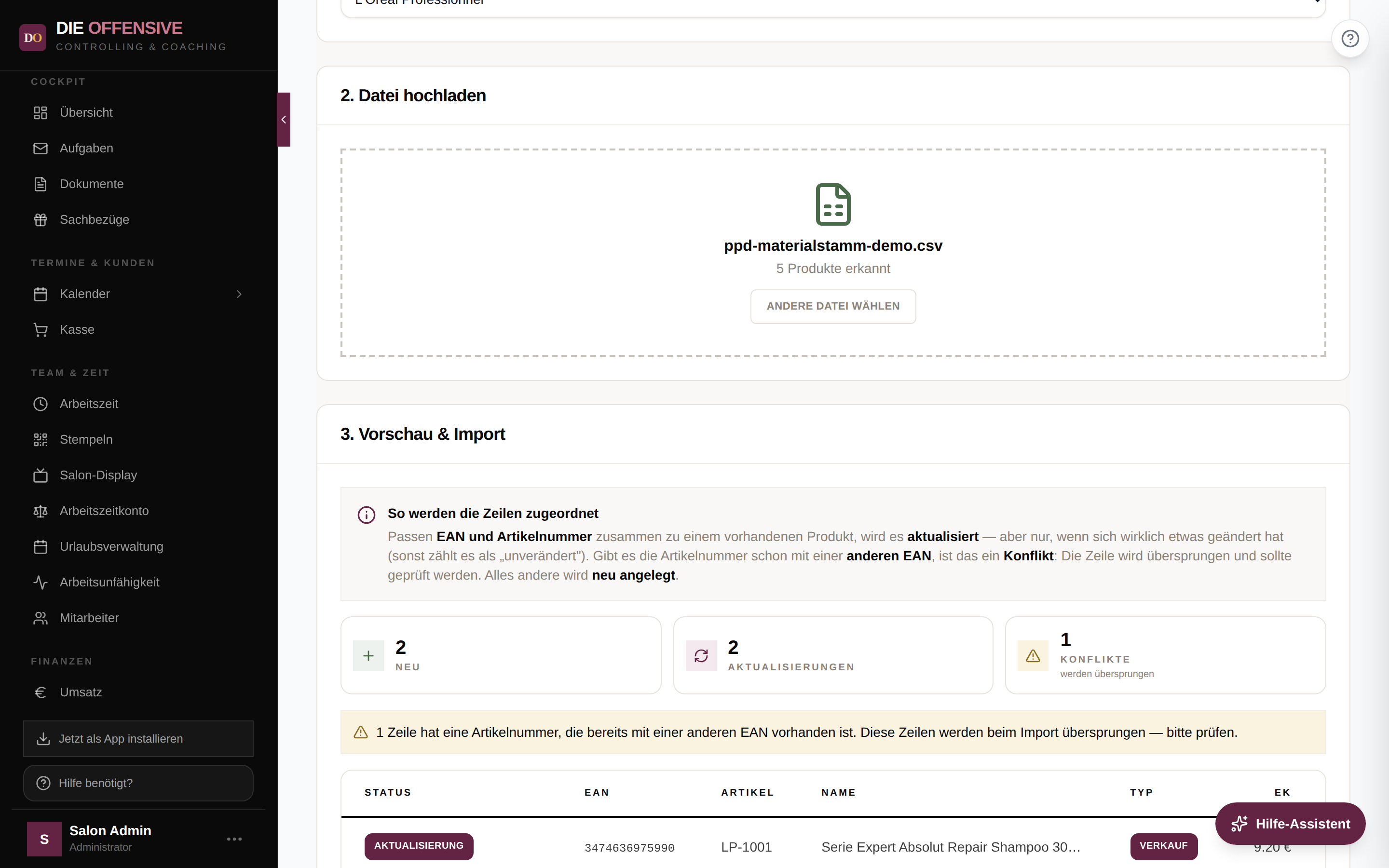 Import-Vorschau mit Zuordnungs-Regel, Zählern für Neu, Aktualisierungen und Konflikte sowie der Zeilen-Tabelle