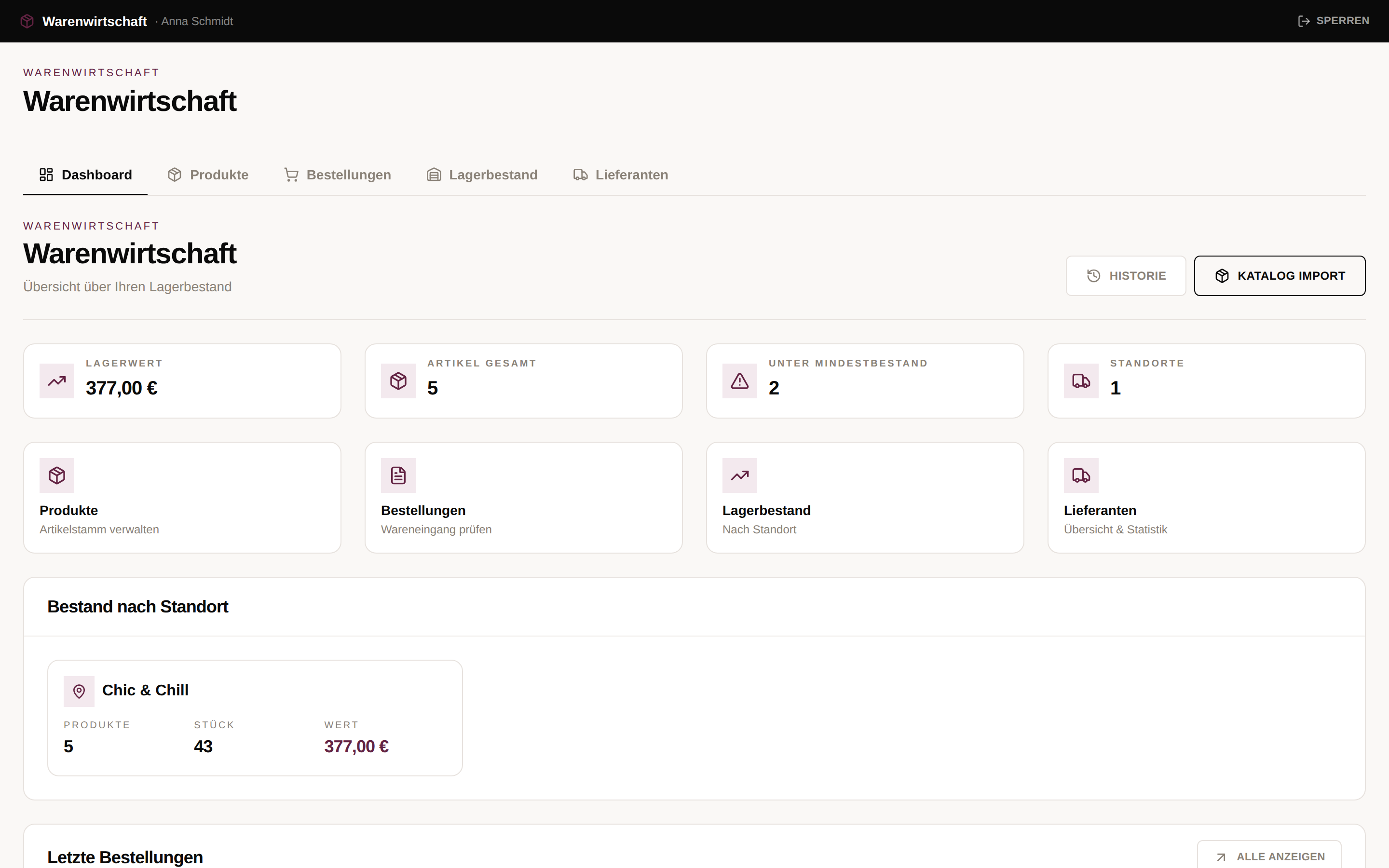 Entsperrtes Lager-Terminal: Kopfzeile mit angemeldeter Mitarbeiterin und Sperren-Button, darunter die Warenwirtschaft mit Dashboard und Tabs