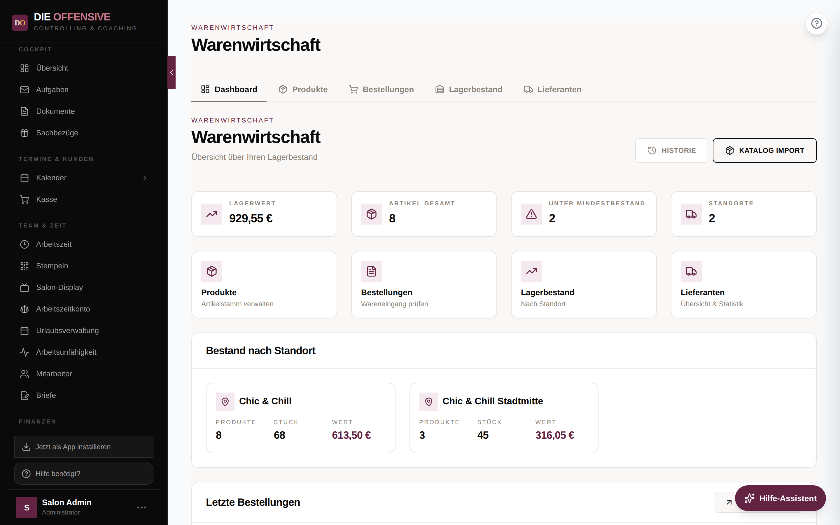 WaWi-Dashboard mit Kennzahlen, Schnellzugriff und Bestand nach Standort